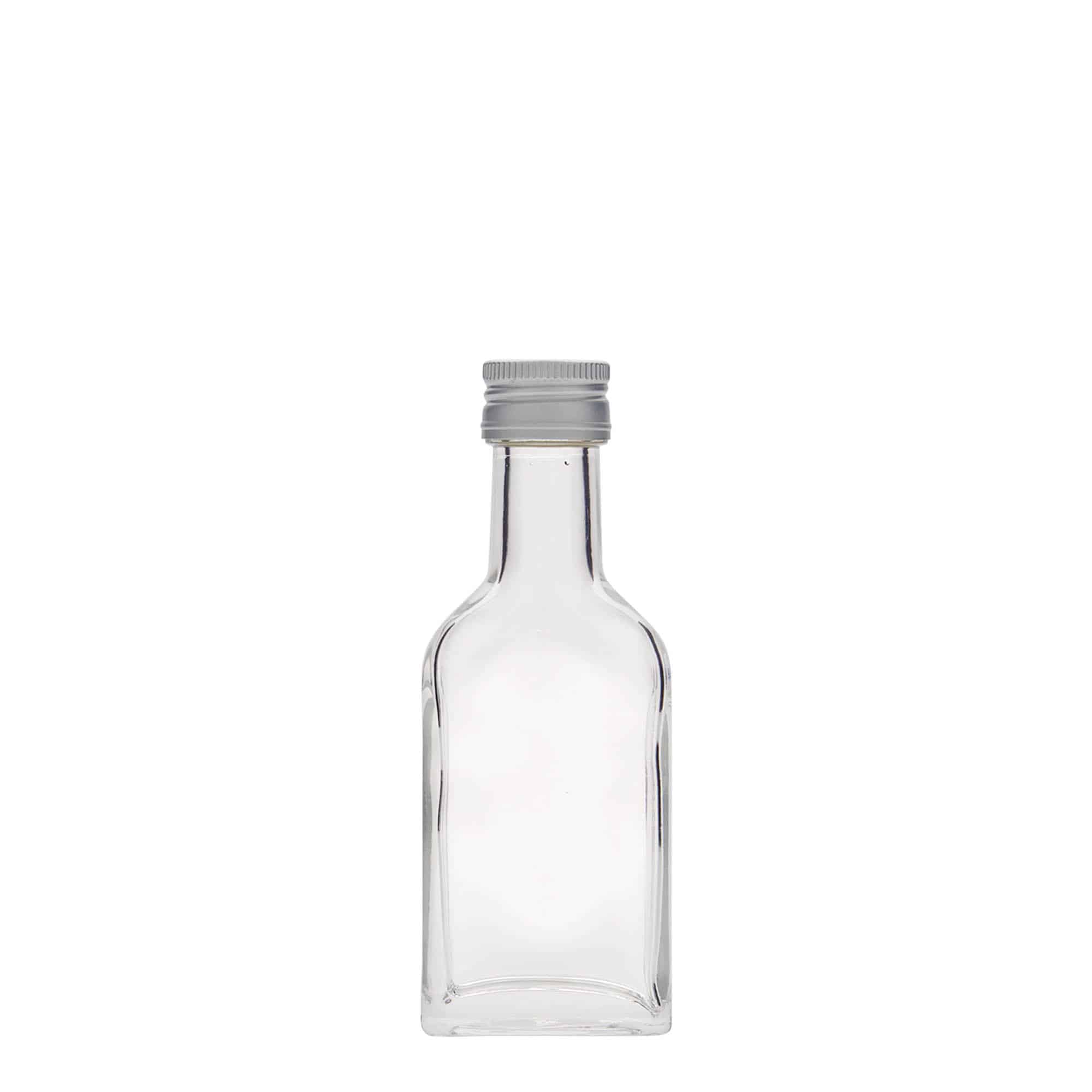 Botella de bolsillo de cuello largo de 40 ml, rectangular, vidrio, boca: PP 22