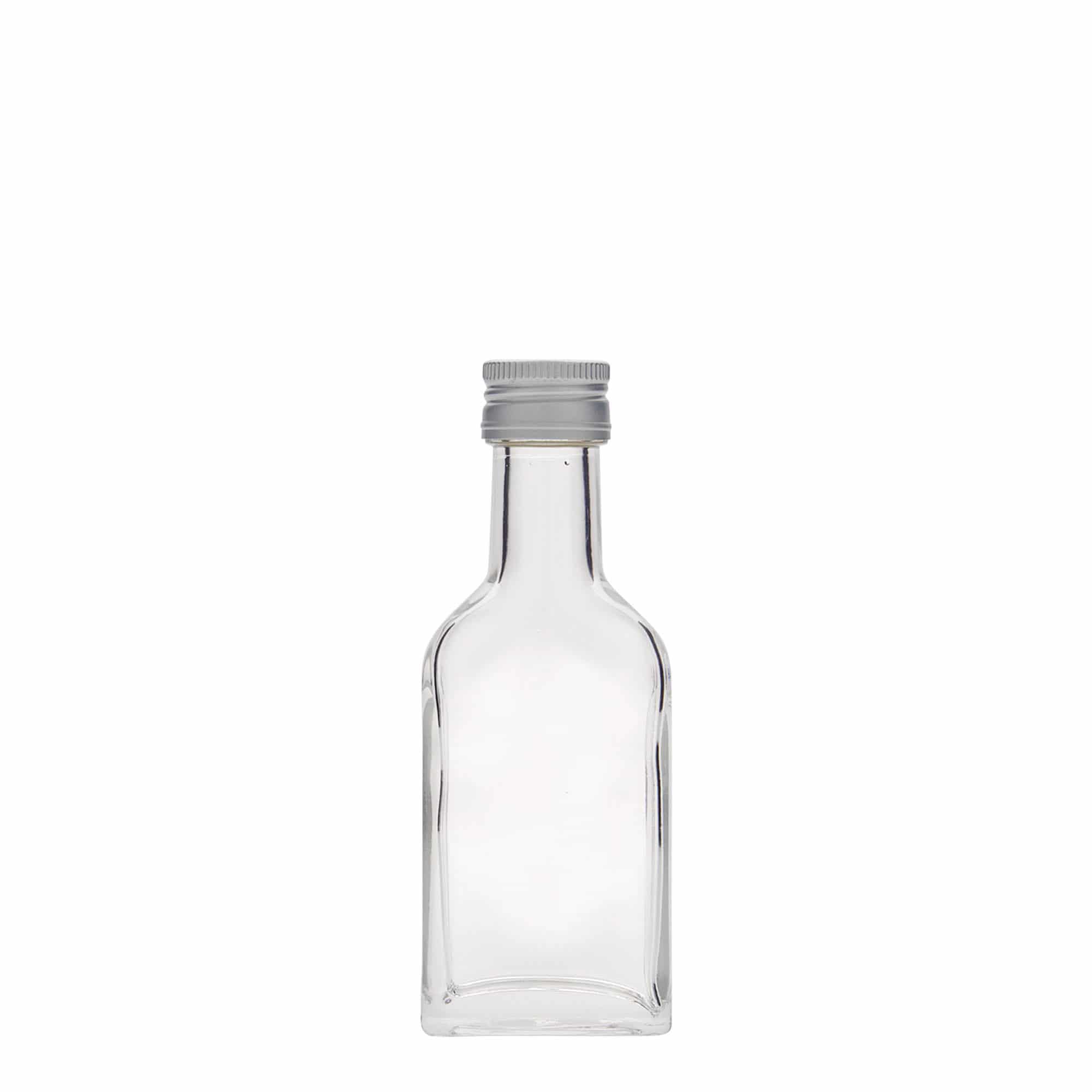 Botella de bolsillo de 40 ml, cuello largo, rectangular, vidrio, boca: PP 22