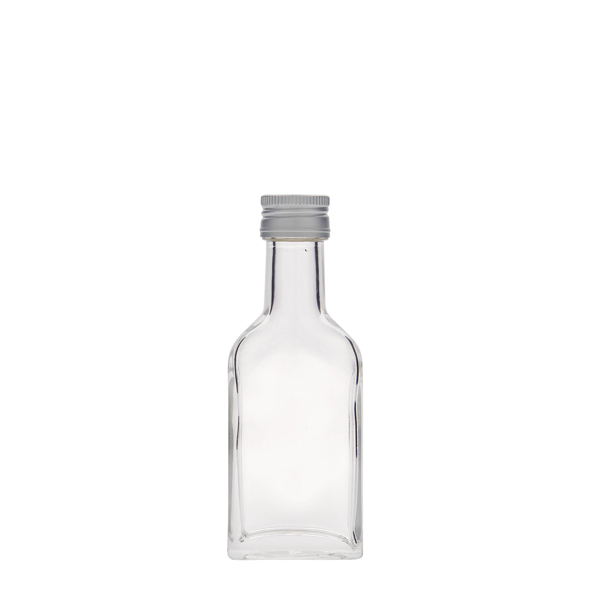 Botella de bolsillo de 40 ml, cuello largo, rectangular, vidrio, boca: PP 22 Botella de bolsillo de 40 ml, cuello largo, rectangular, vidrio, boca: PP 22