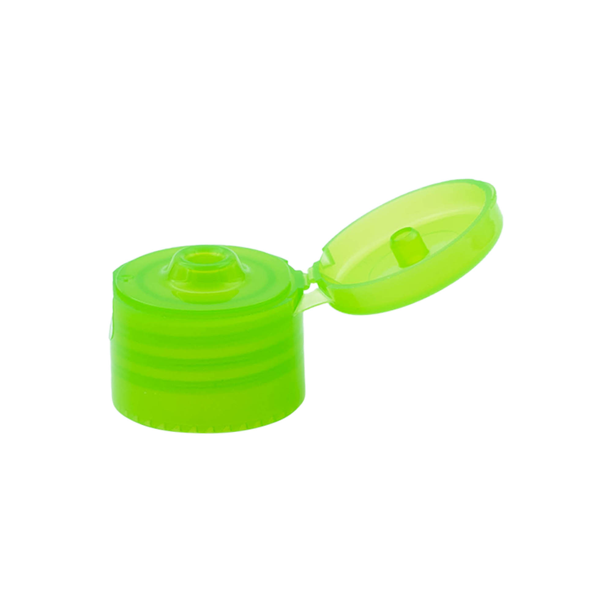 Tapa de rosca con bisagra abatible, plástico PP, verde, para boca: 24/410 Tapa de rosca con bisagra abatible, plástico PP, verde, para boca: 24/410