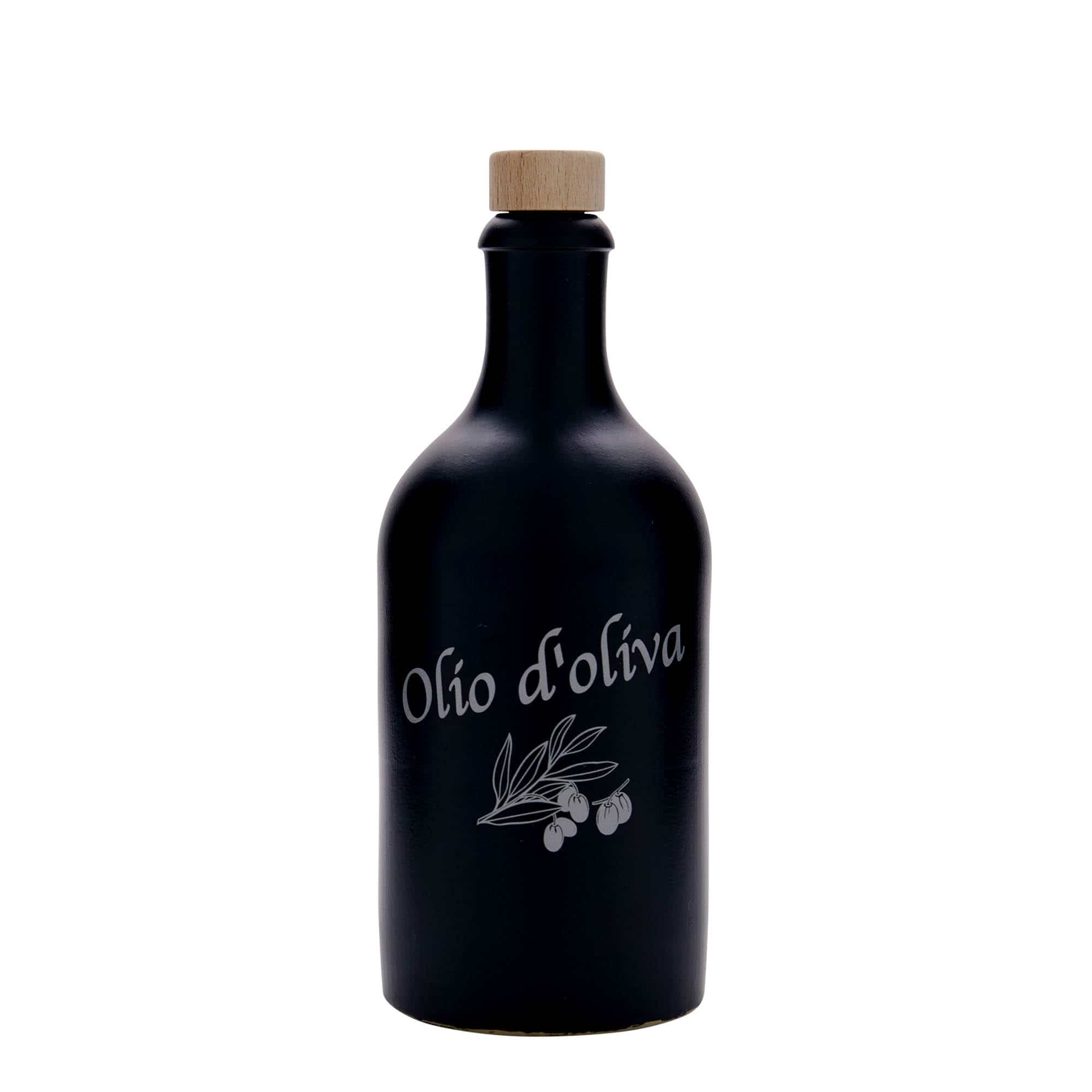 Jarra de barro de 500 ml, motivo: Olio d'Oliva, gres, negro, boca: corcho