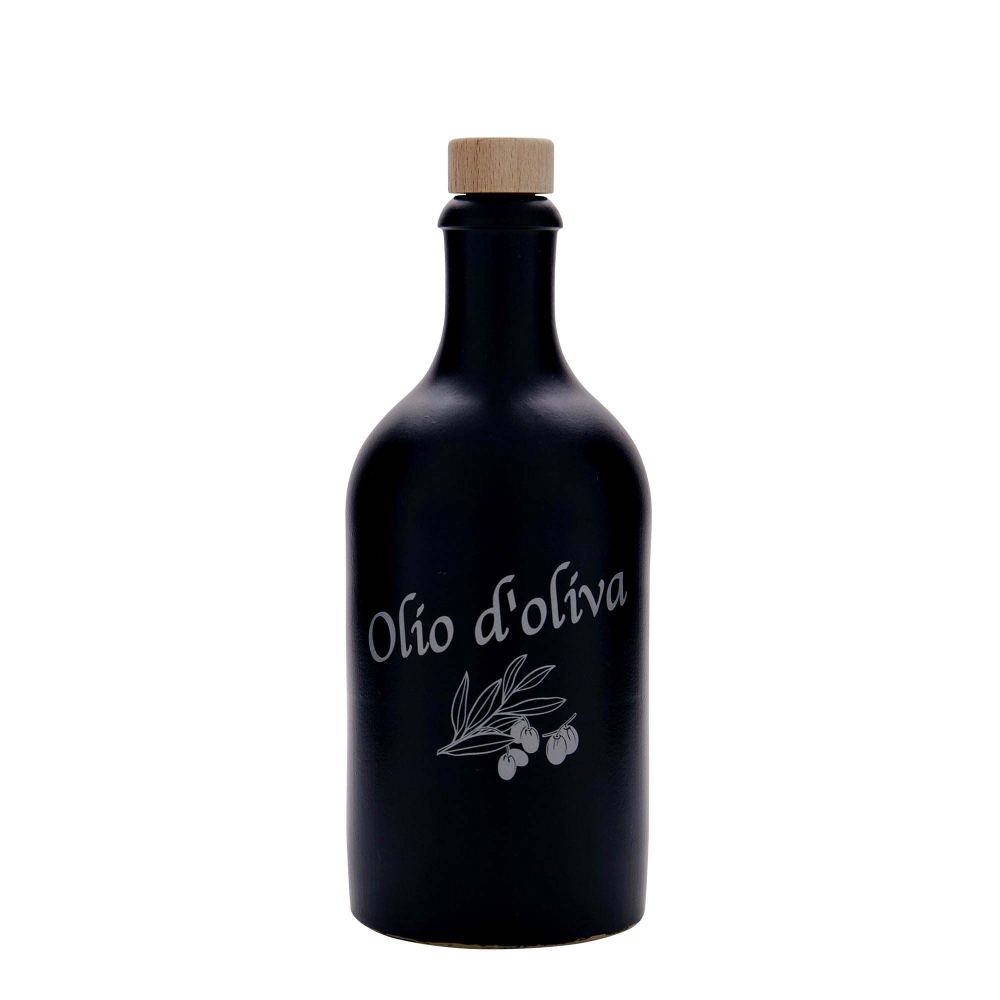 Jarra de barro de 500 ml, motivo: Olio d'Oliva, gres, negro, boca: corcho