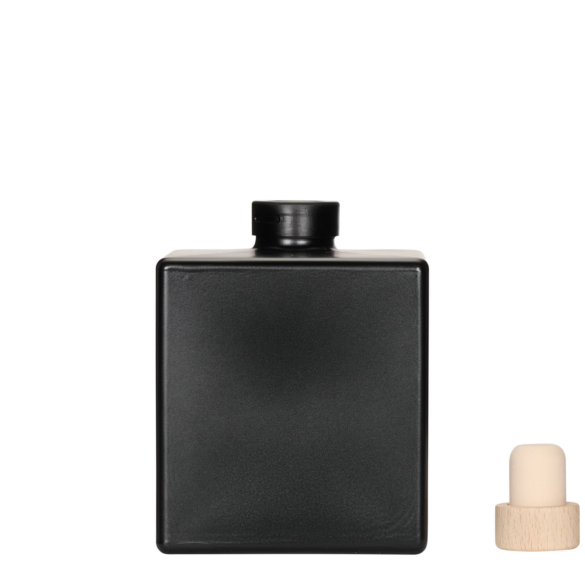 Botella de vidrio de 500 ml «Cube», cuadrada, negra, boca: corcho