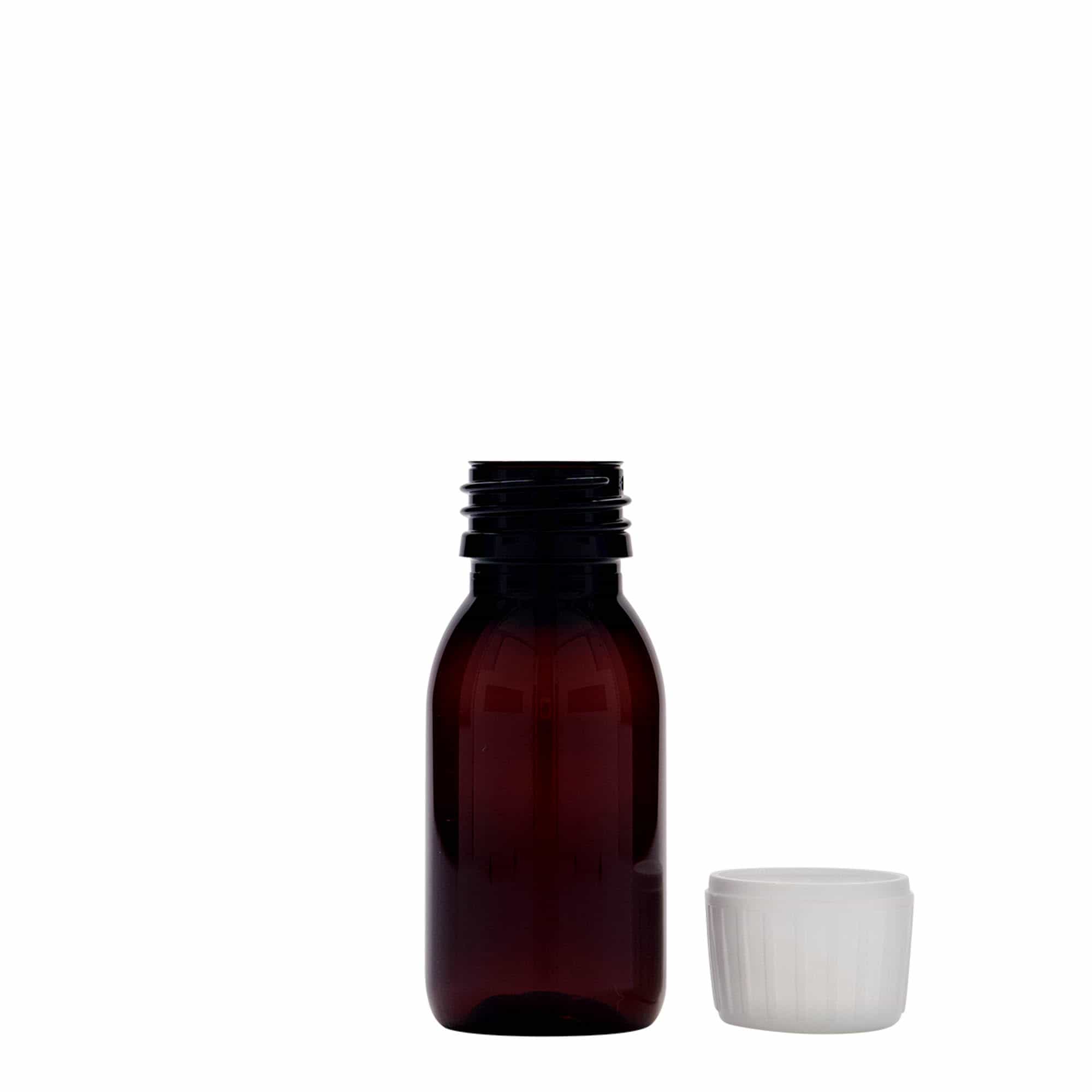 60 ml botella médica de PET, marrón, plástico, boca: PP 28