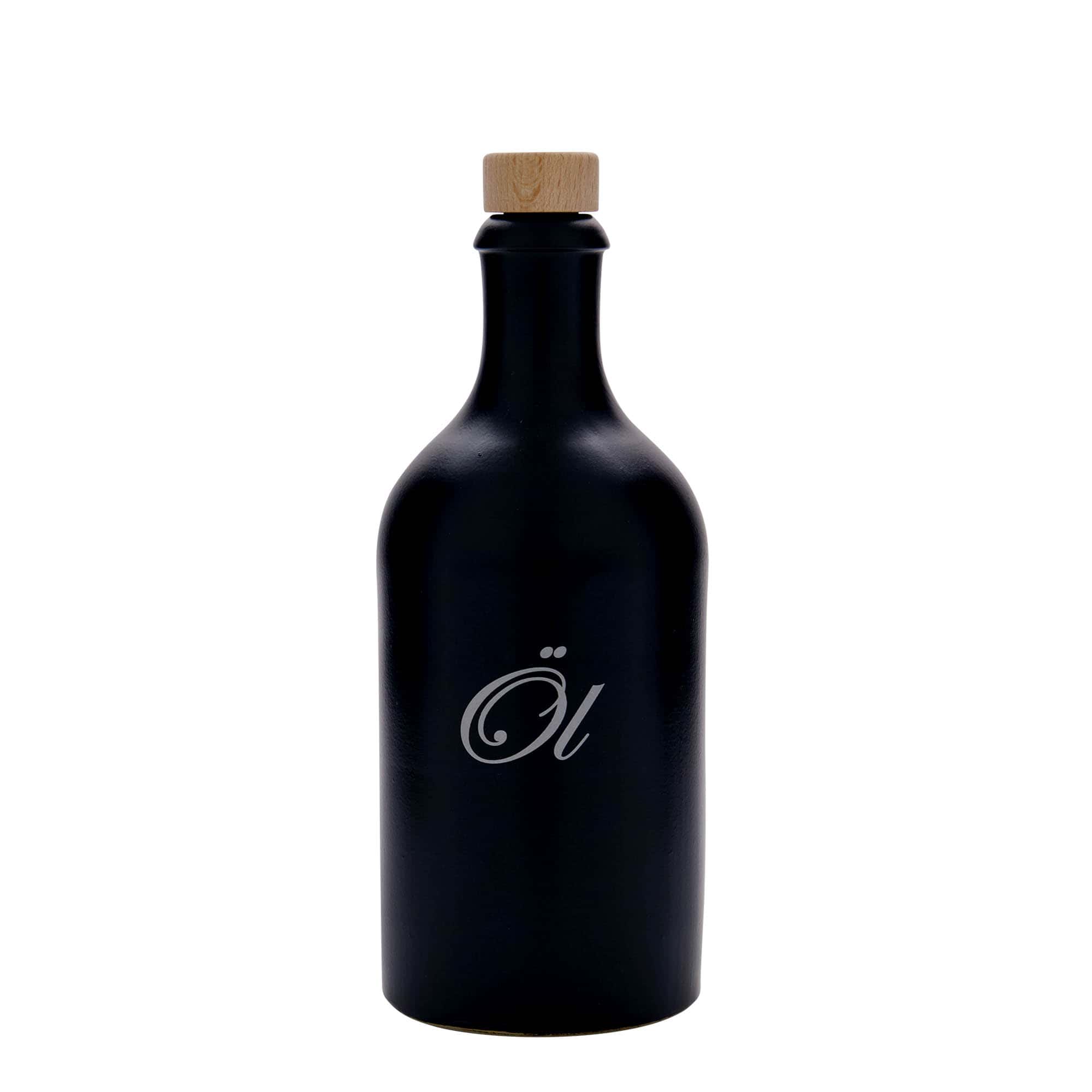 Jarra de barro de 500 ml, motivo: aceite, gres, negro, boca: corcho