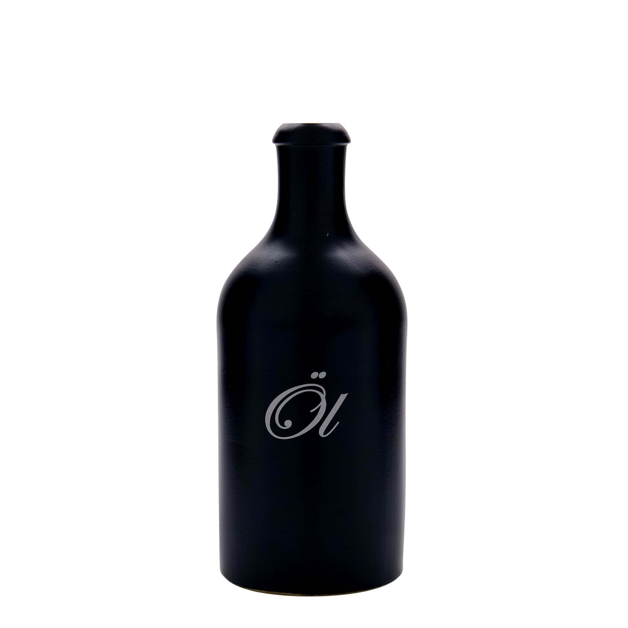 Jarra de barro de 500 ml, motivo: aceite, gres, negro, boca: corcho Jarra de barro de 500 ml, motivo: aceite, gres, negro, boca: corcho