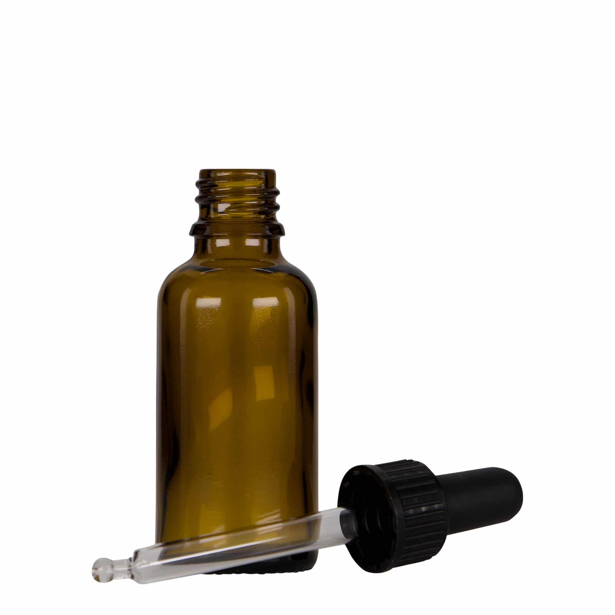 Frasco cuentagotas de medicamentos de 30 ml, vidrio, marrón-negro, boca: DIN 18