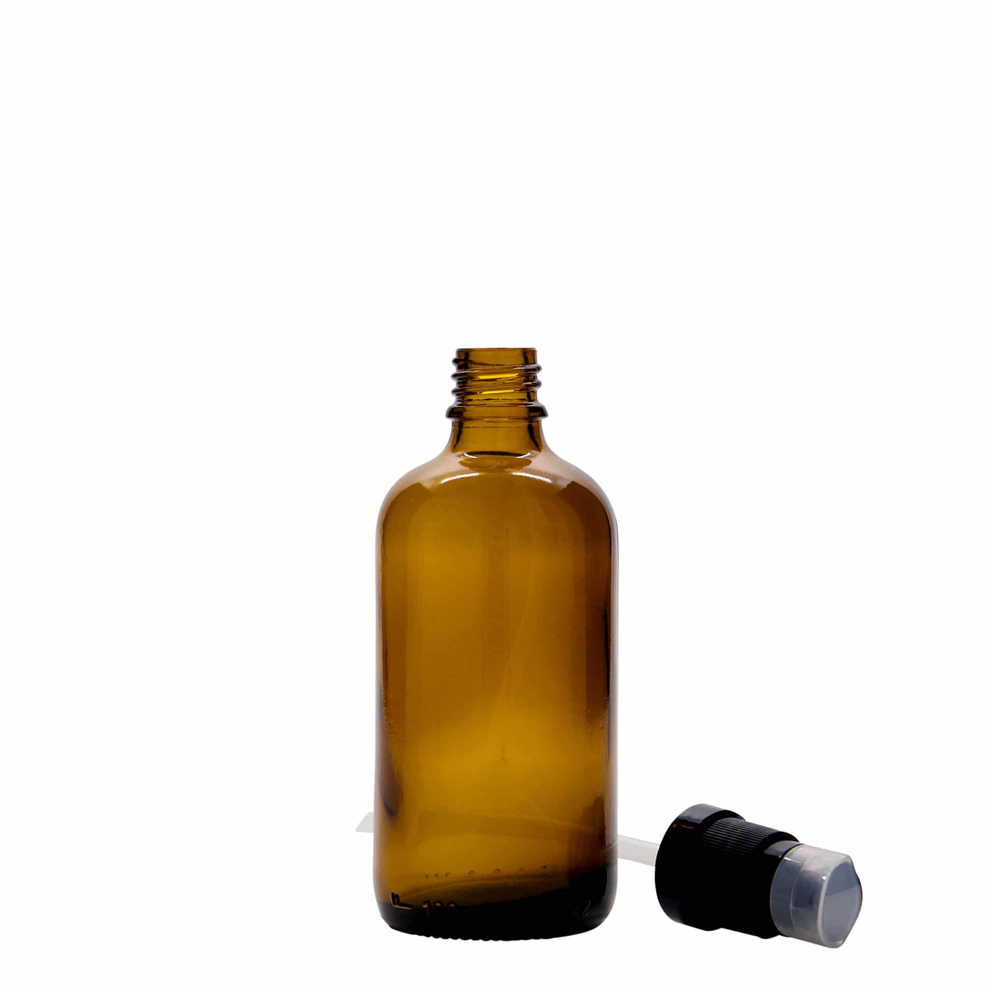 Botella médica de 100 ml con bomba dosificadora para lociones, vidrio, marrón, boca: DIN 18