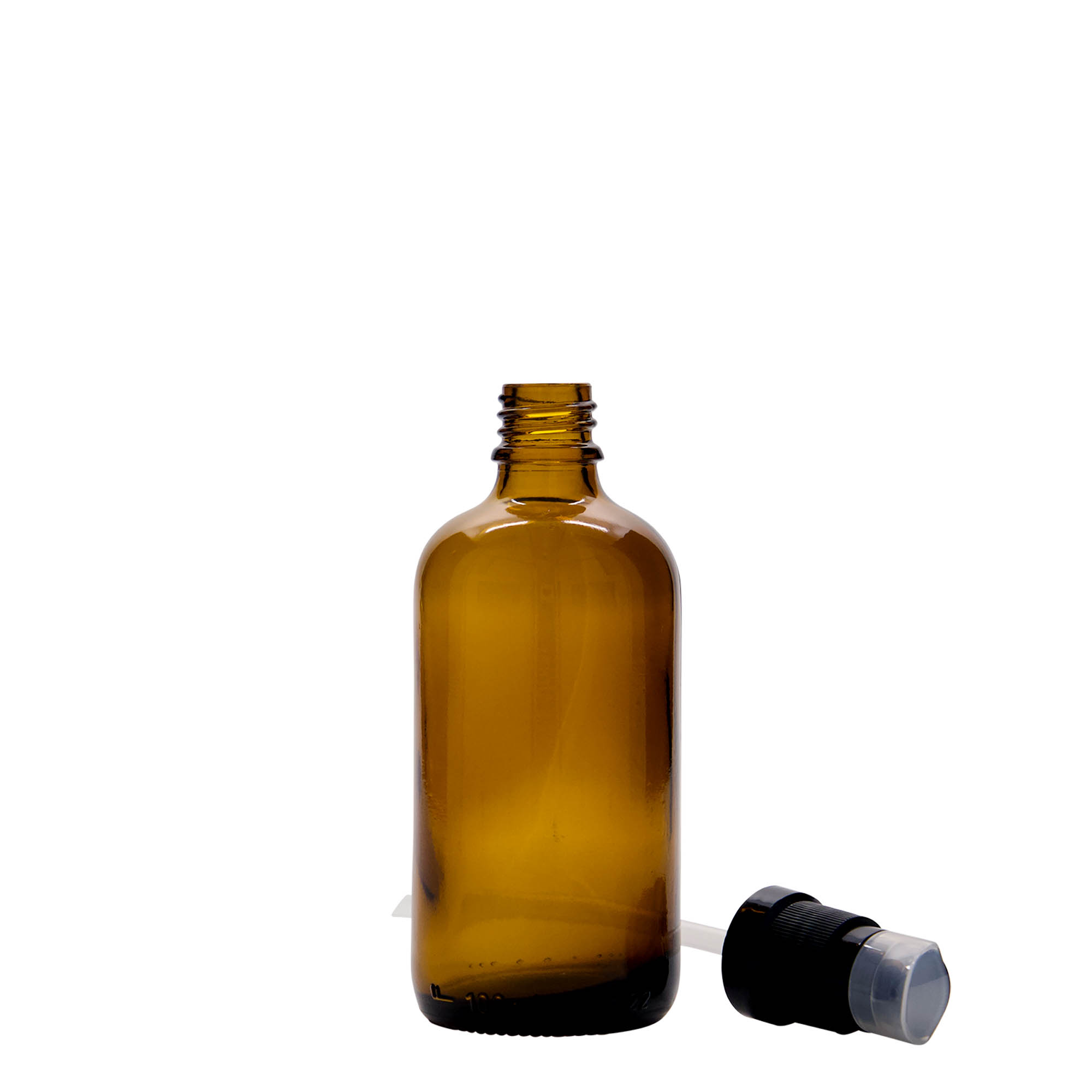 Botella médica de 100 ml con bomba dosificadora para lociones, vidrio, marrón, boca: DIN 18