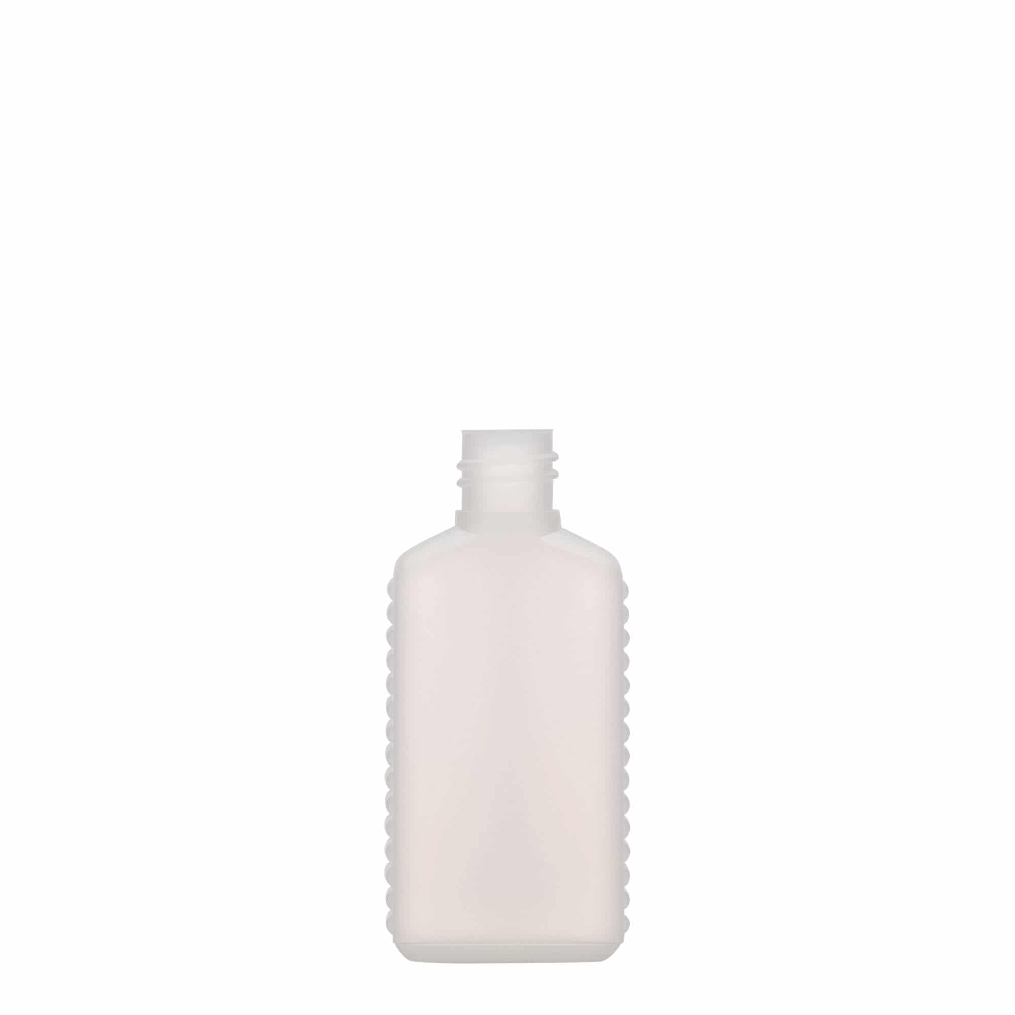 Botella bidón de 50 ml de cuello estrecho, rectangular, plástico de HDPE, natural, boca: DIN 18 Botella bidón de 50 ml de cuello estrecho, rectangular, plástico de HDPE, natural, boca: DIN 18