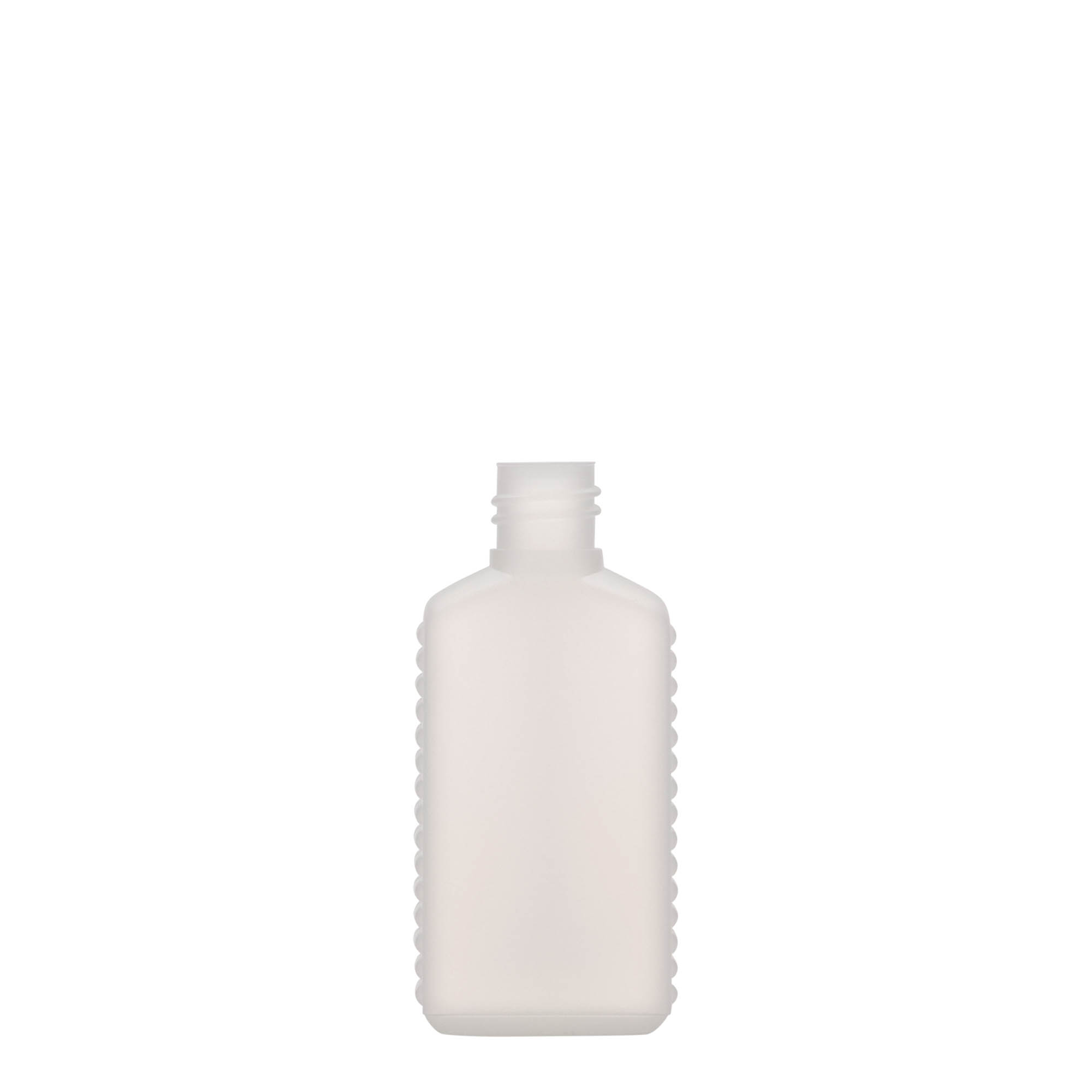 Botella de bidón de 50 ml, cuello estrecho, rectangular, plástico HDPE, natural, boca: DIN 18