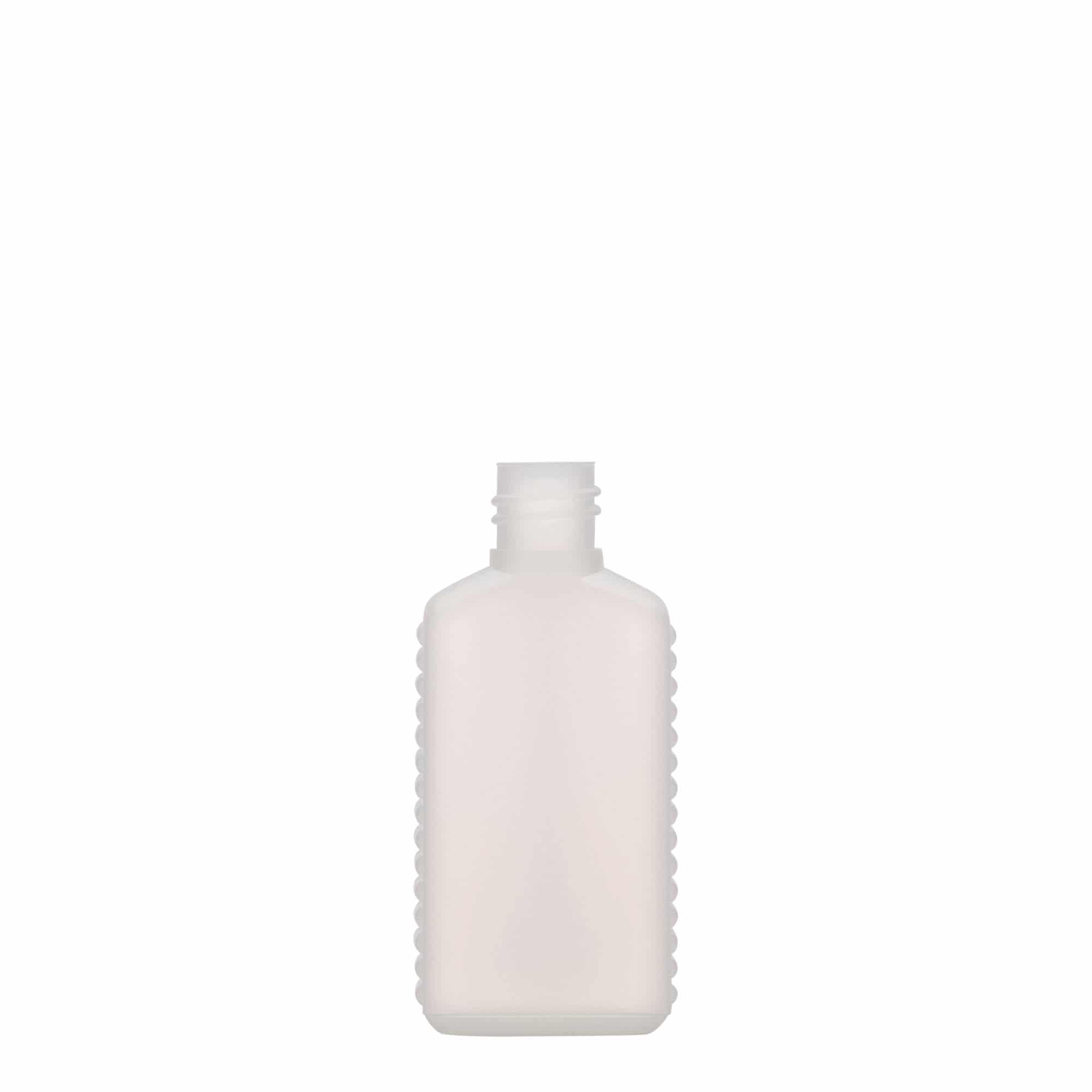 Botella de bidón de 50 ml, cuello estrecho, rectangular, plástico HDPE, natural, boca: DIN 18