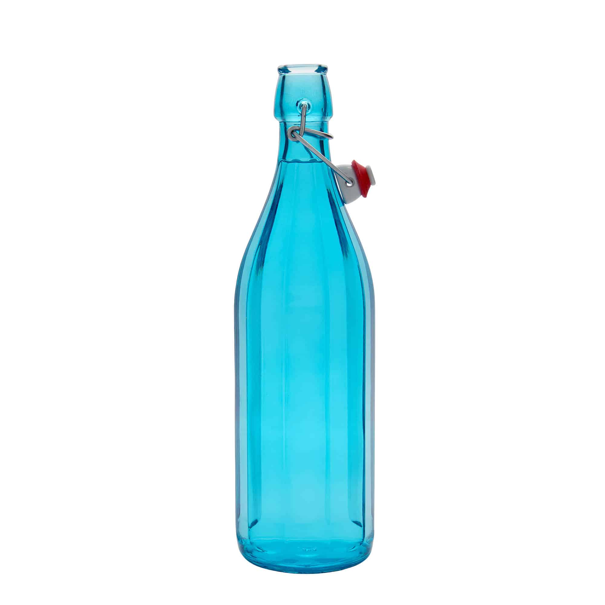 Botella de vidrio 'Oxford' de 1000 ml, decagonal, azul celeste, boca: tapón mecánico