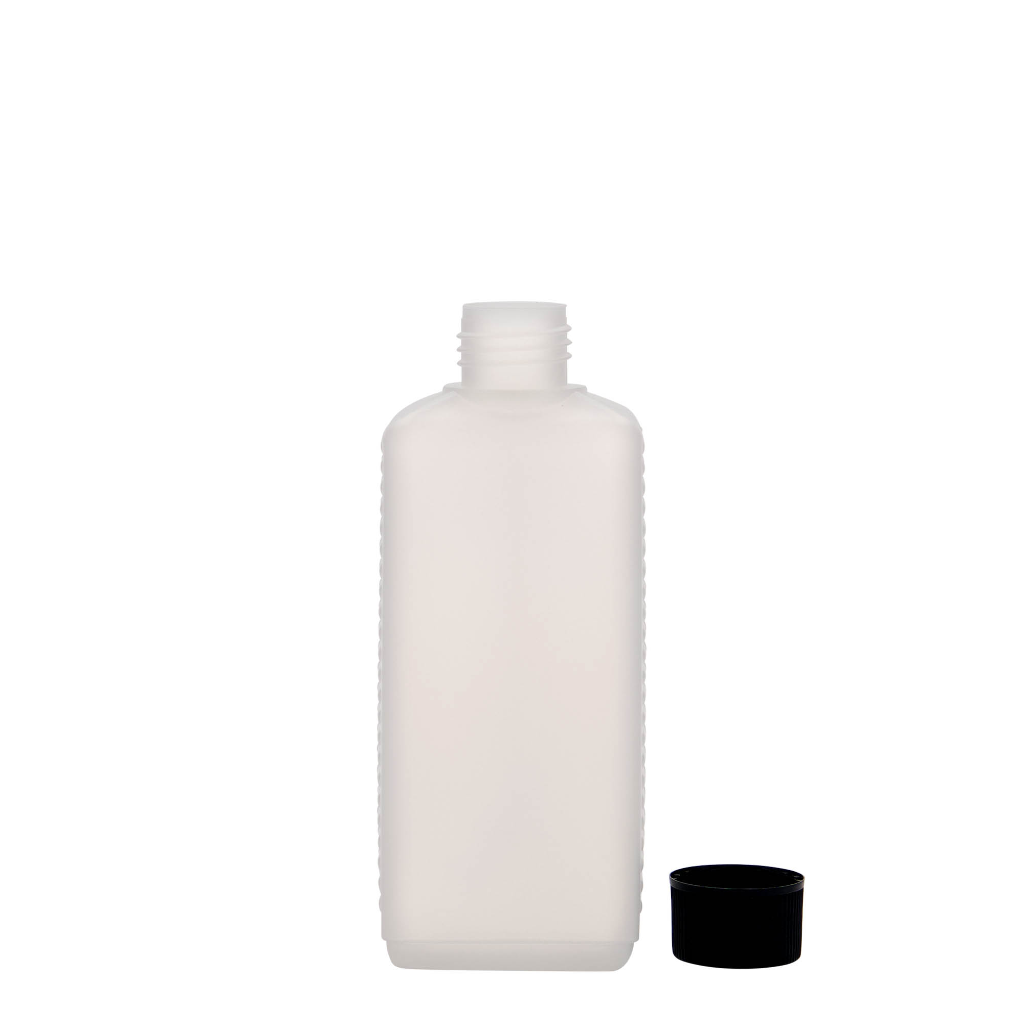 Botella de bidón de 250 ml, rectangular, plástico HDPE, natural, boca: DIN 25 EPE