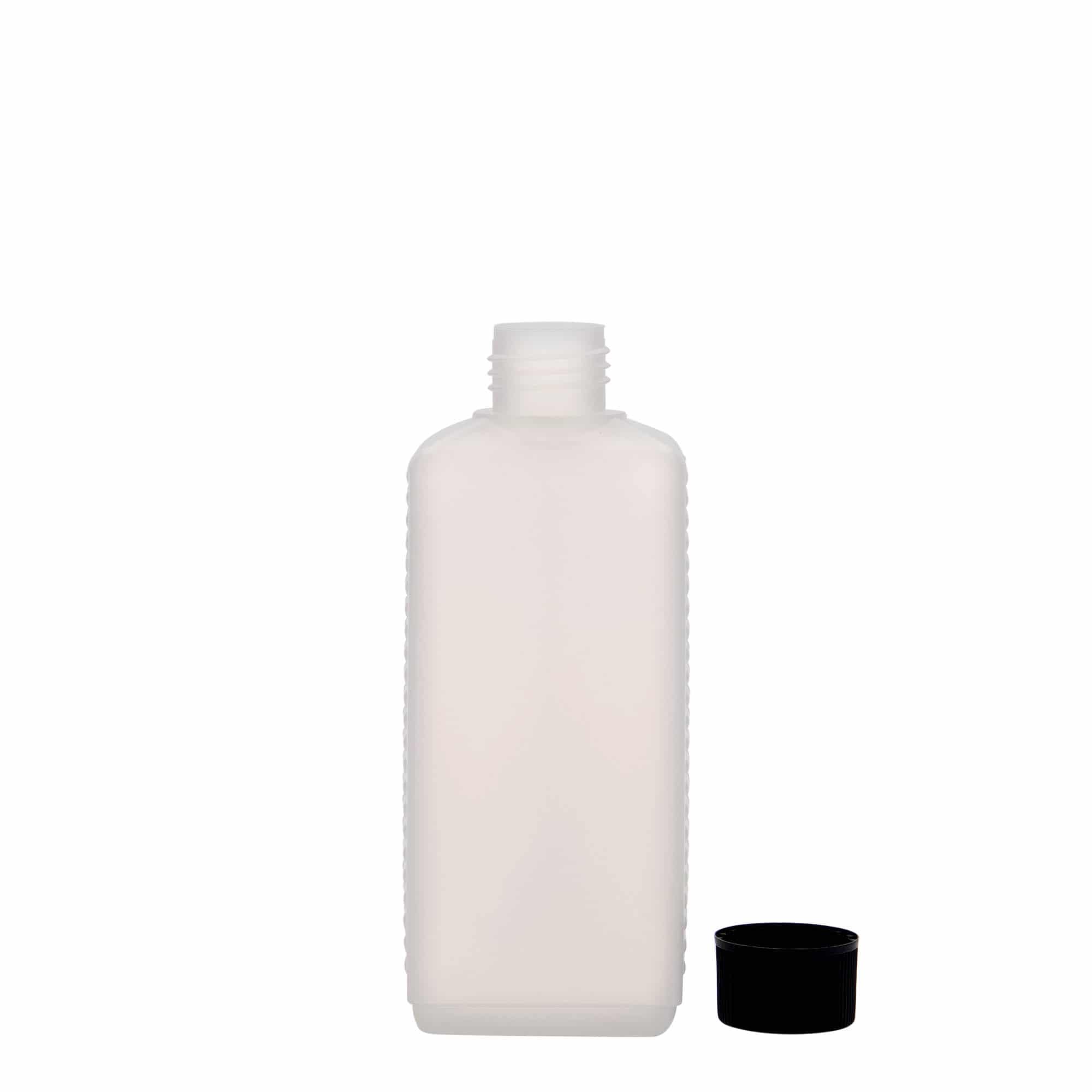 Botella de bidón de 250 ml, rectangular, plástico HDPE, natural, boca: DIN 25 EPE