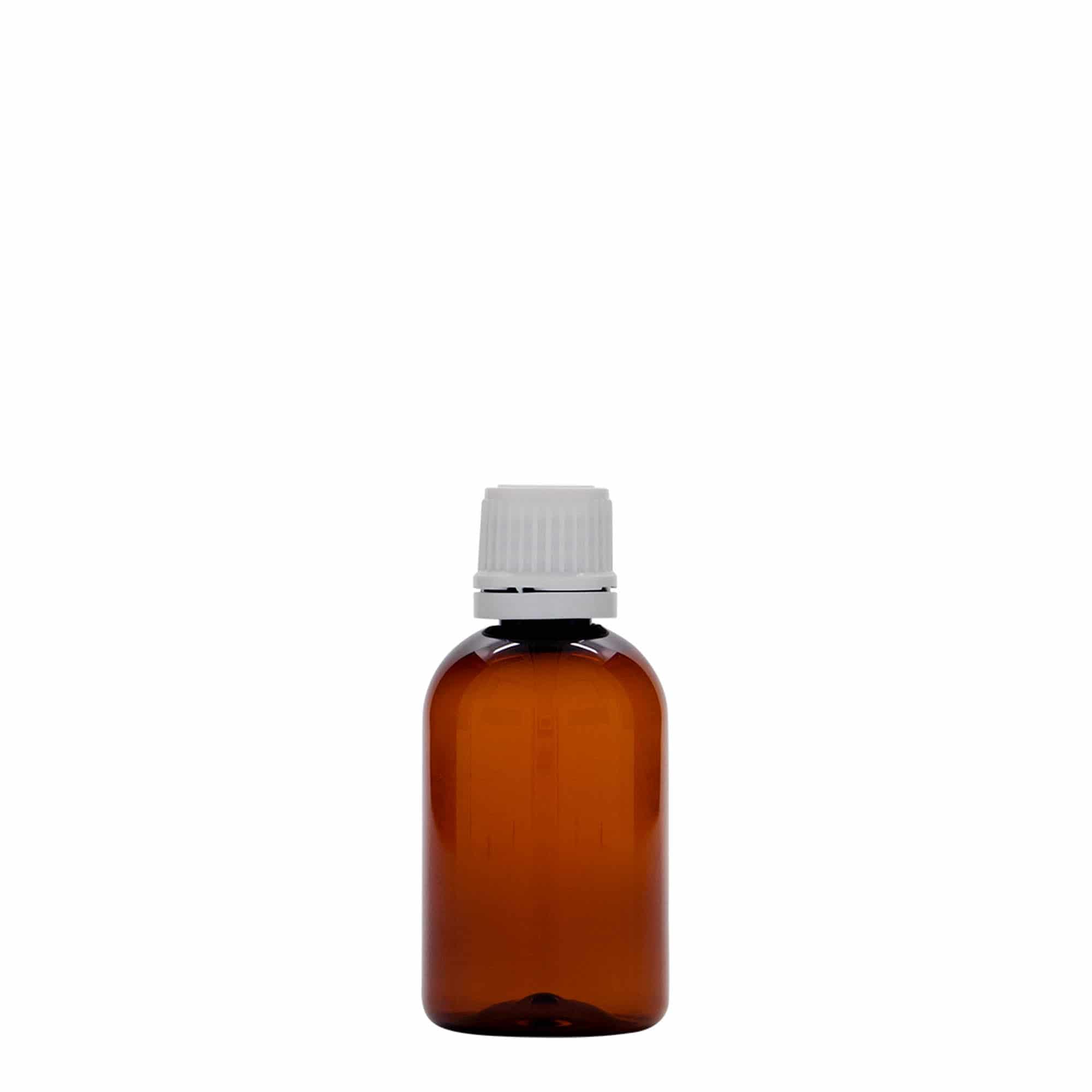 Botella médica PET de 50 ml 'Easy Living', marrón, plástico, boca: DIN 18