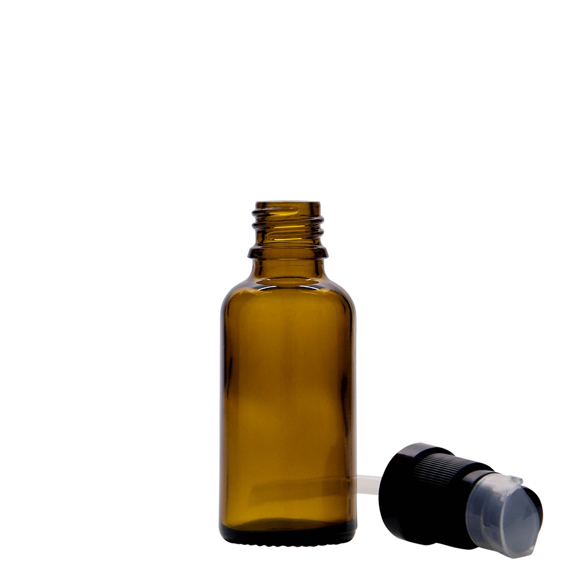 Frasco médico de 30 ml con bomba dosificadora para loción, vidrio, marrón, boca: DIN 18