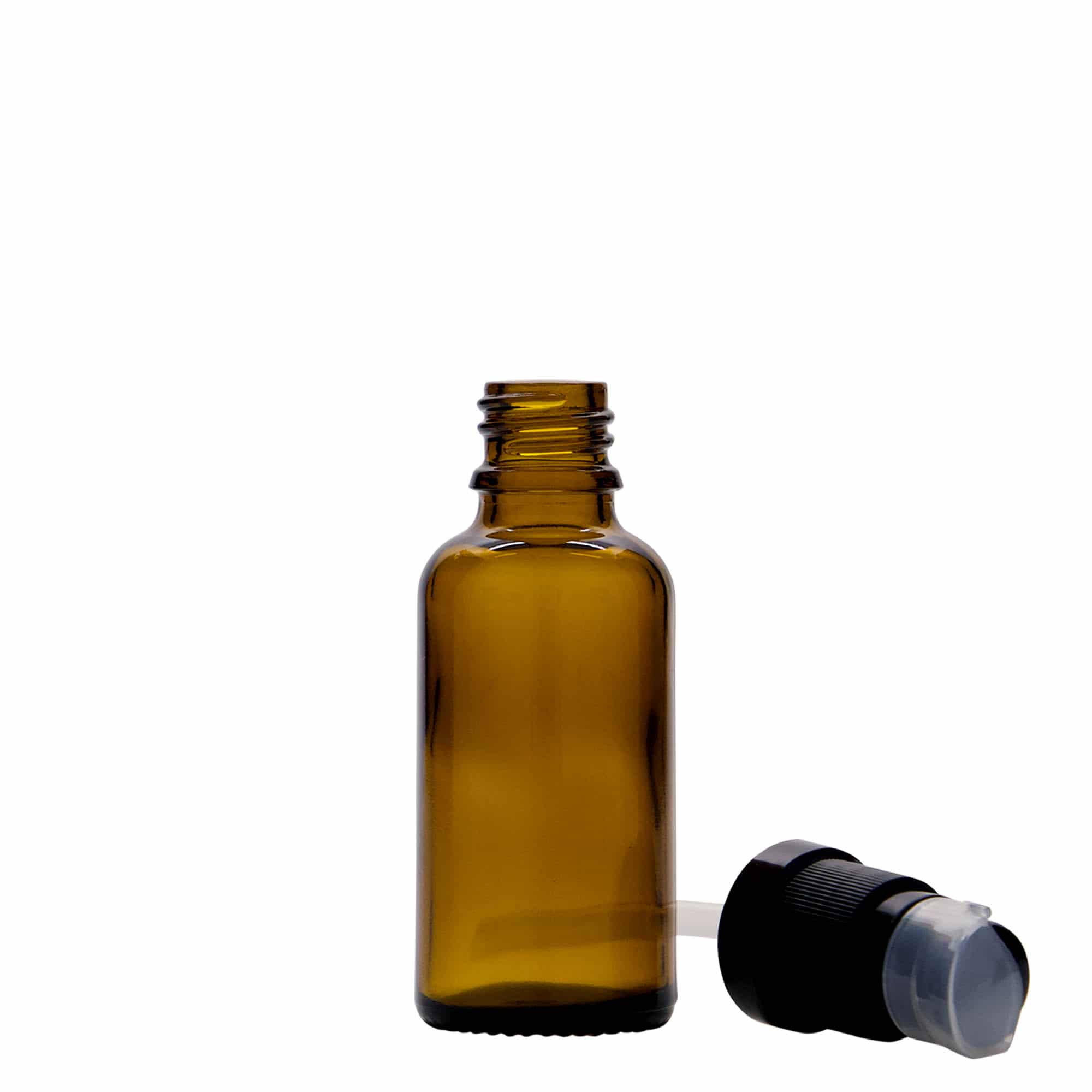 Frasco médico de 30 ml con bomba dosificadora para loción, vidrio, marrón, boca: DIN 18 Frasco médico de 30 ml con bomba dosificadora para loción, vidrio, marrón, boca: DIN 18