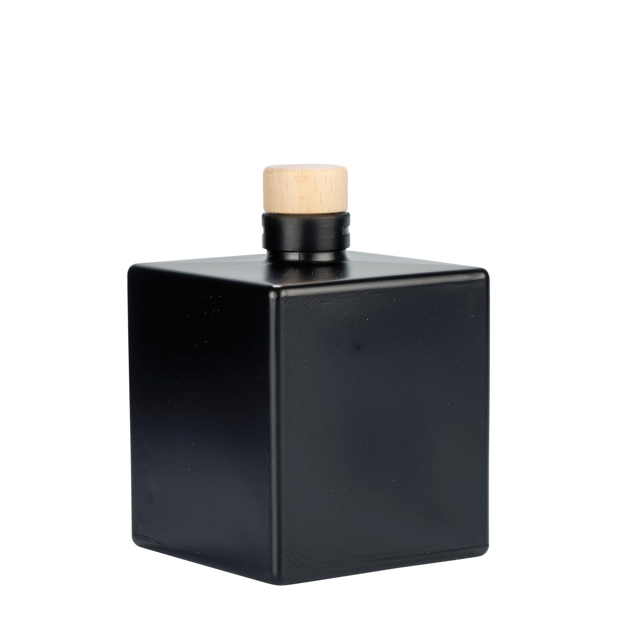 Botella de vidrio 'Cube' de 500 ml, cuadrada, negro, boca: corcho