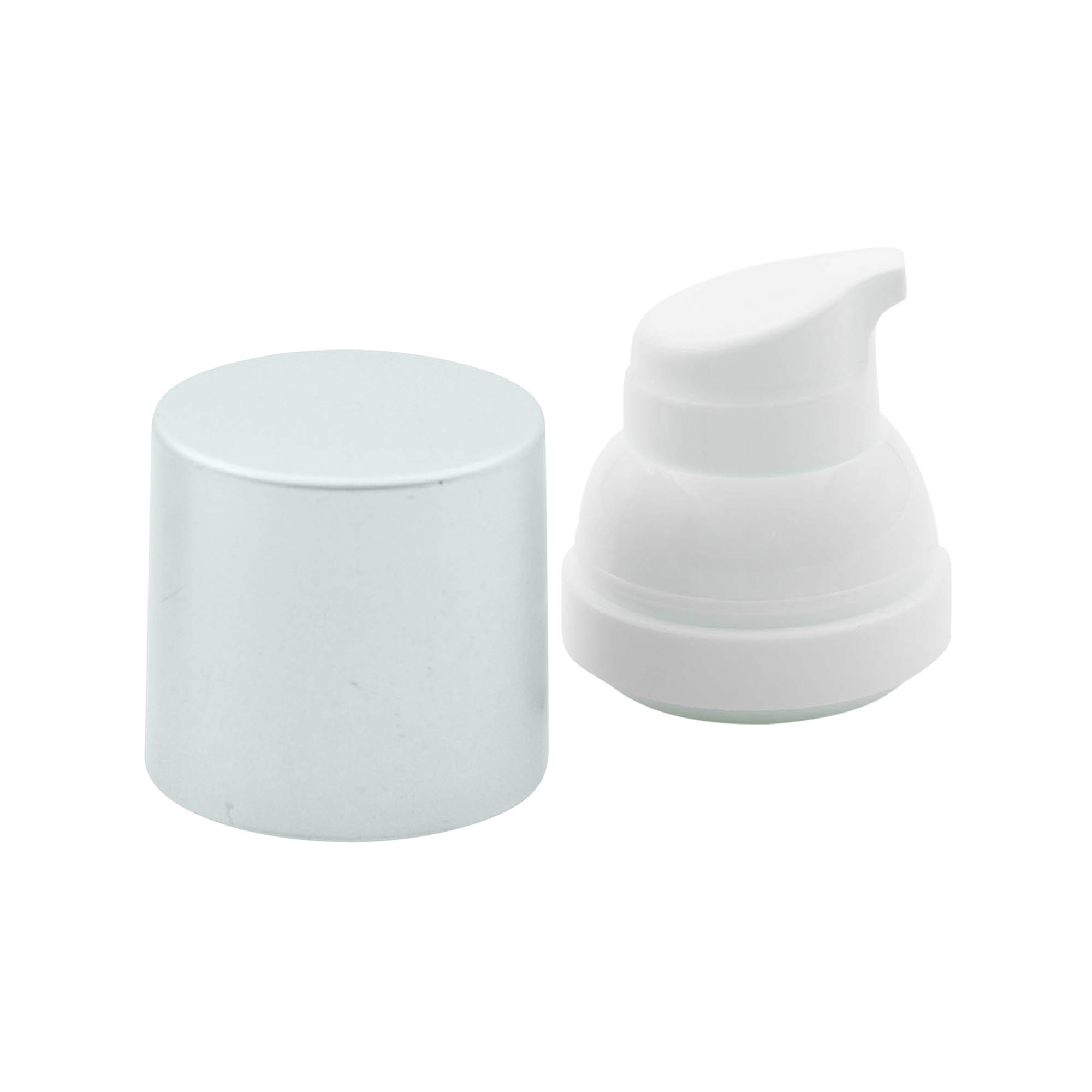 Cabezal de bomba dispensadora airless "Mezzo", tipo D, plástico PP, blanco con tapa plateada mate metalizada