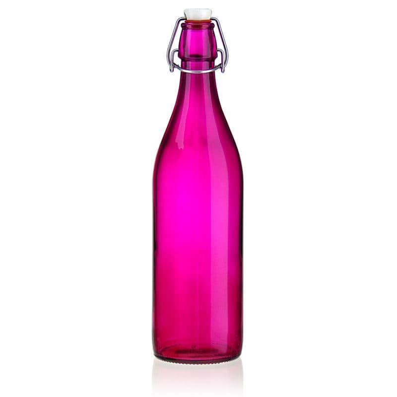 Botella de vidrio 'Giara' de 1000 ml, rosa fucsia, boca: tapón mecánico