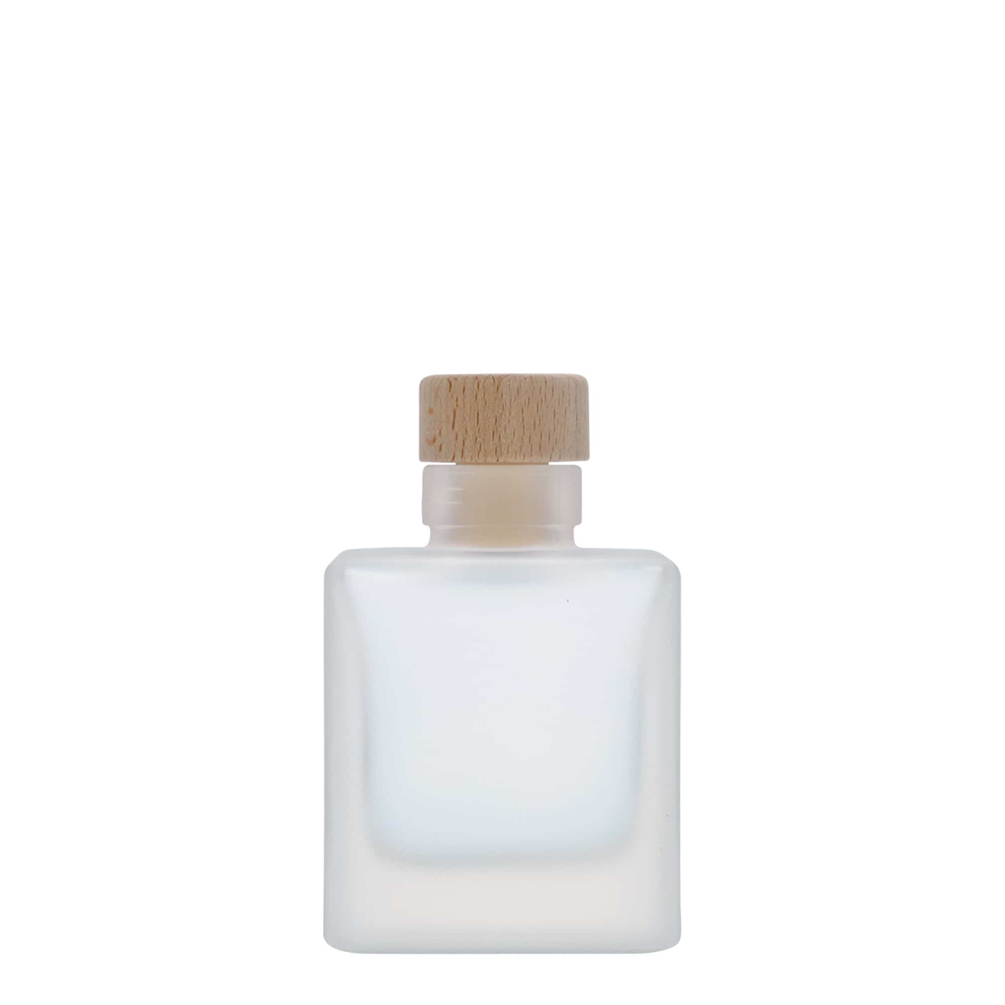 Botella de vidrio 'Cube' de 100 ml, cuadrada, efecto helado, boca: corcho