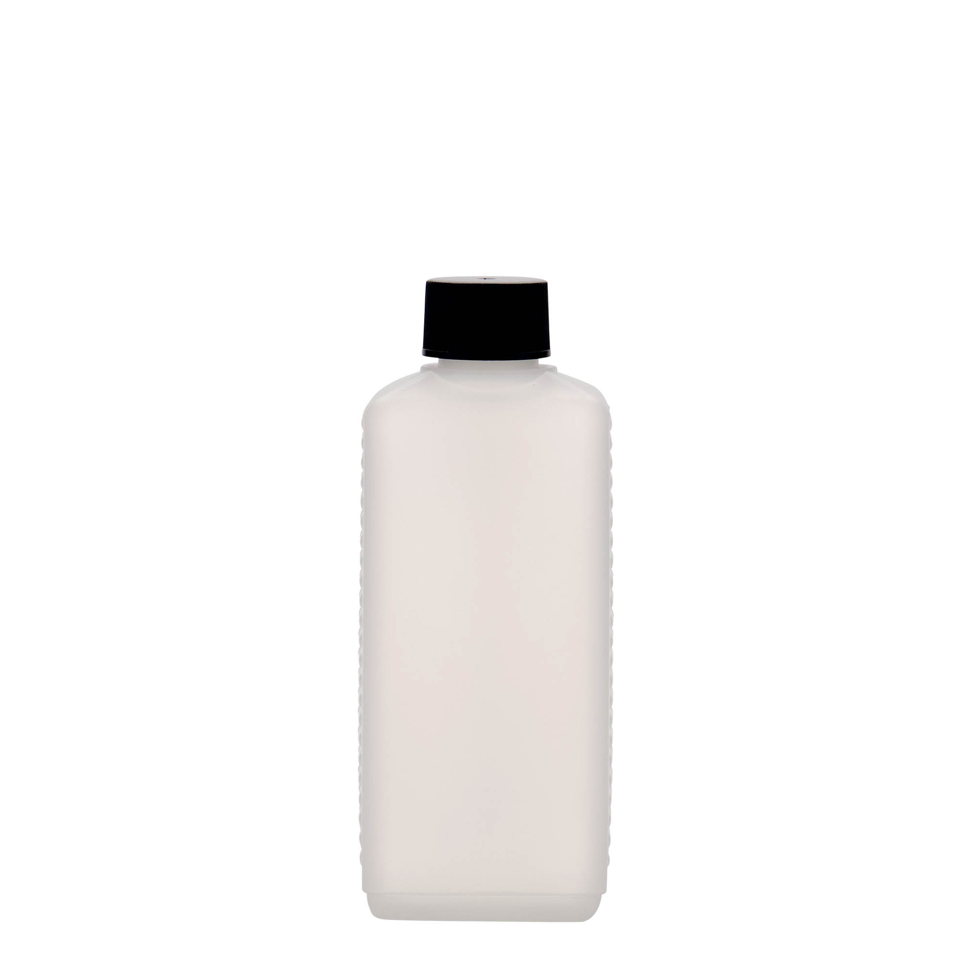 Botella de bidón de 250 ml, rectangular, plástico HDPE, natural, boca: DIN 25 EPE
