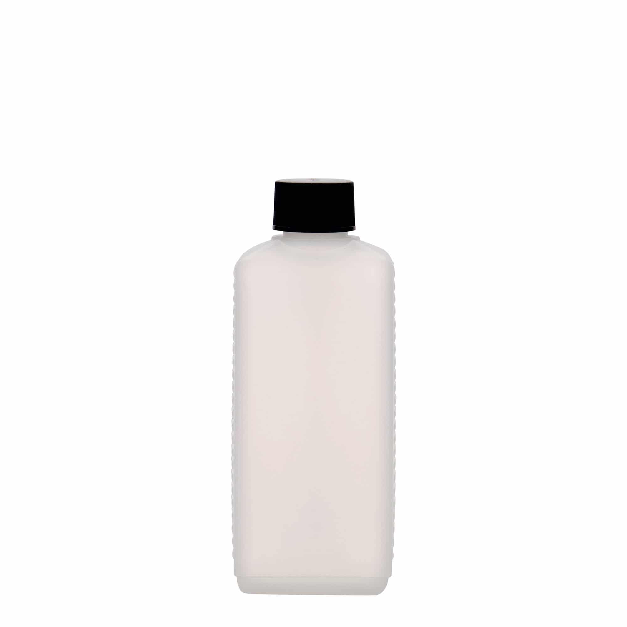 Botella de bidón de 250 ml, rectangular, plástico HDPE, natural, boca: DIN 25 EPE
