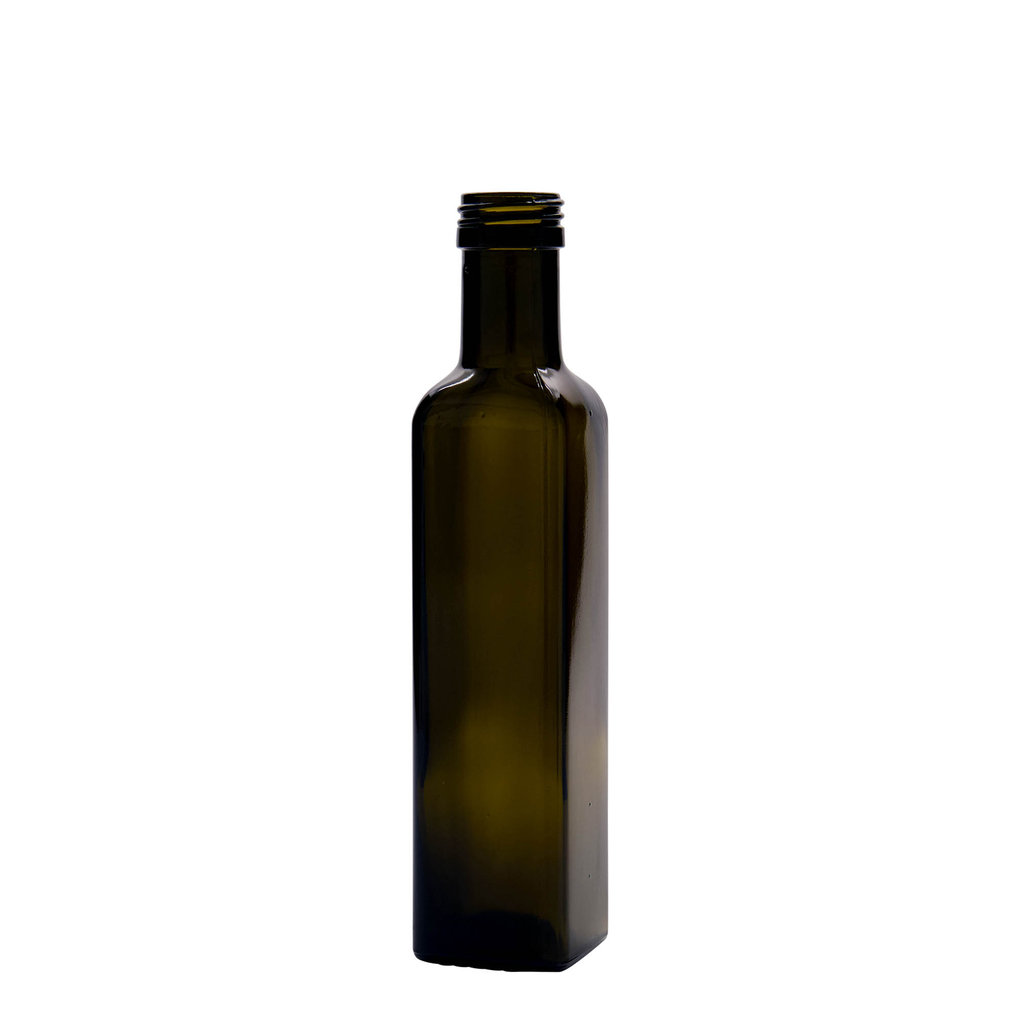 Botella de vidrio de 250 ml 'Marasca', cuadrada, verde antiguo, boca: PP 31,5 Botella de vidrio de 250 ml 'Marasca', cuadrada, verde antiguo, boca: PP 31,5