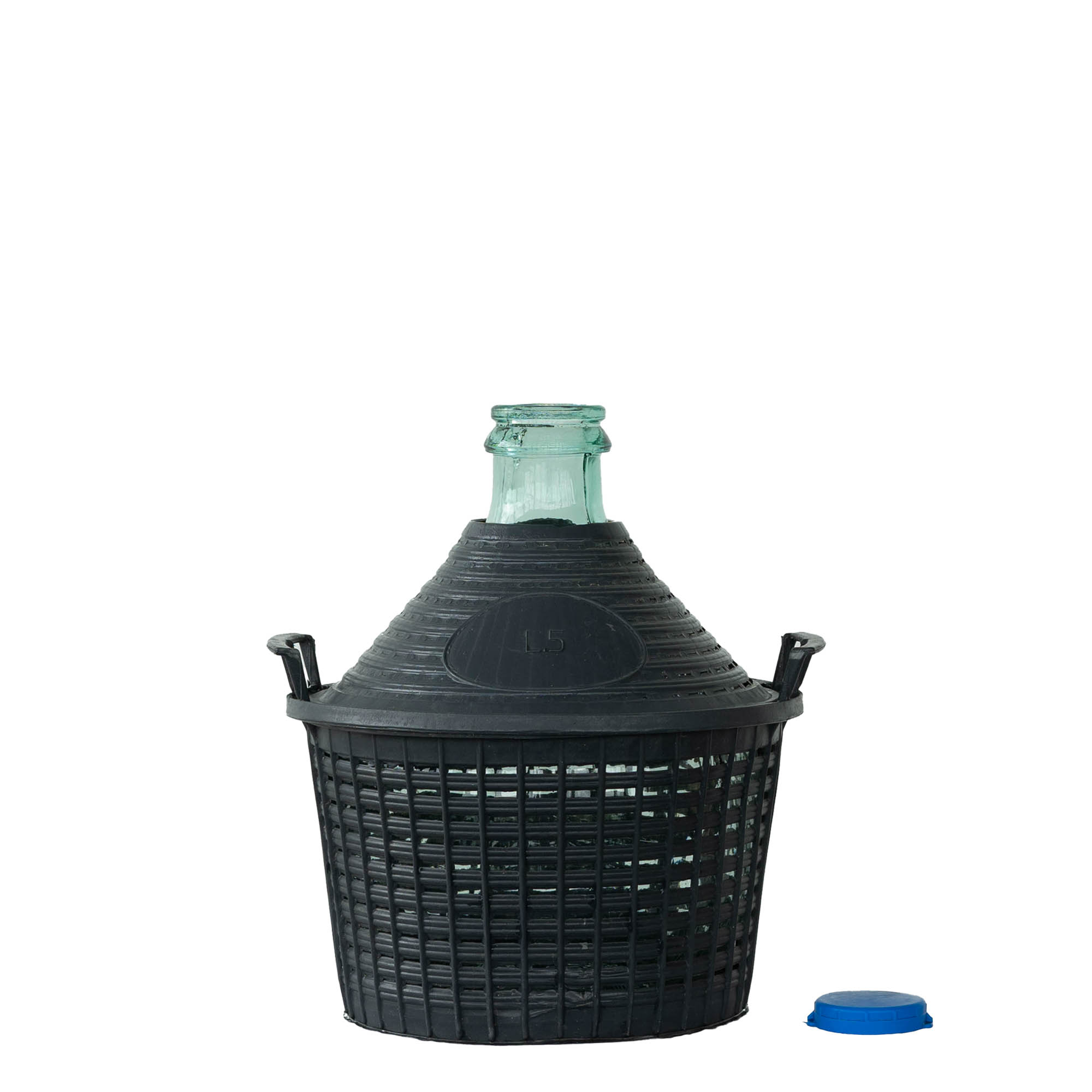 Botella globo de 5 l, cuello estrecho, vidrio, boca: tapa de solapa