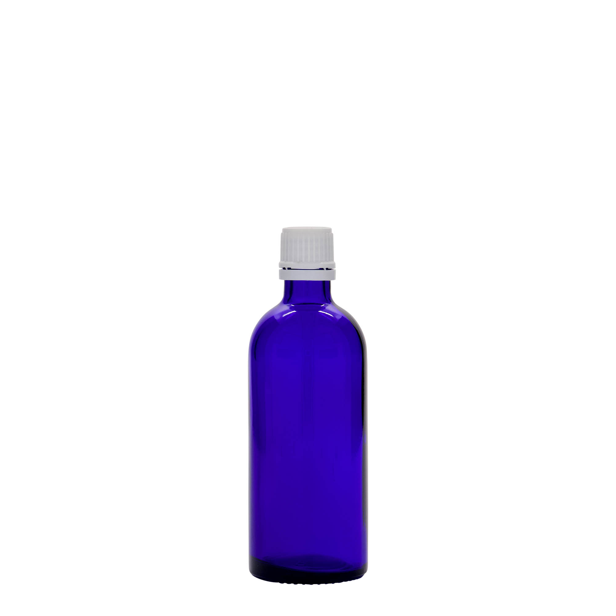 Botella médica de 100 ml, vidrio, azul real, boca: DIN 18