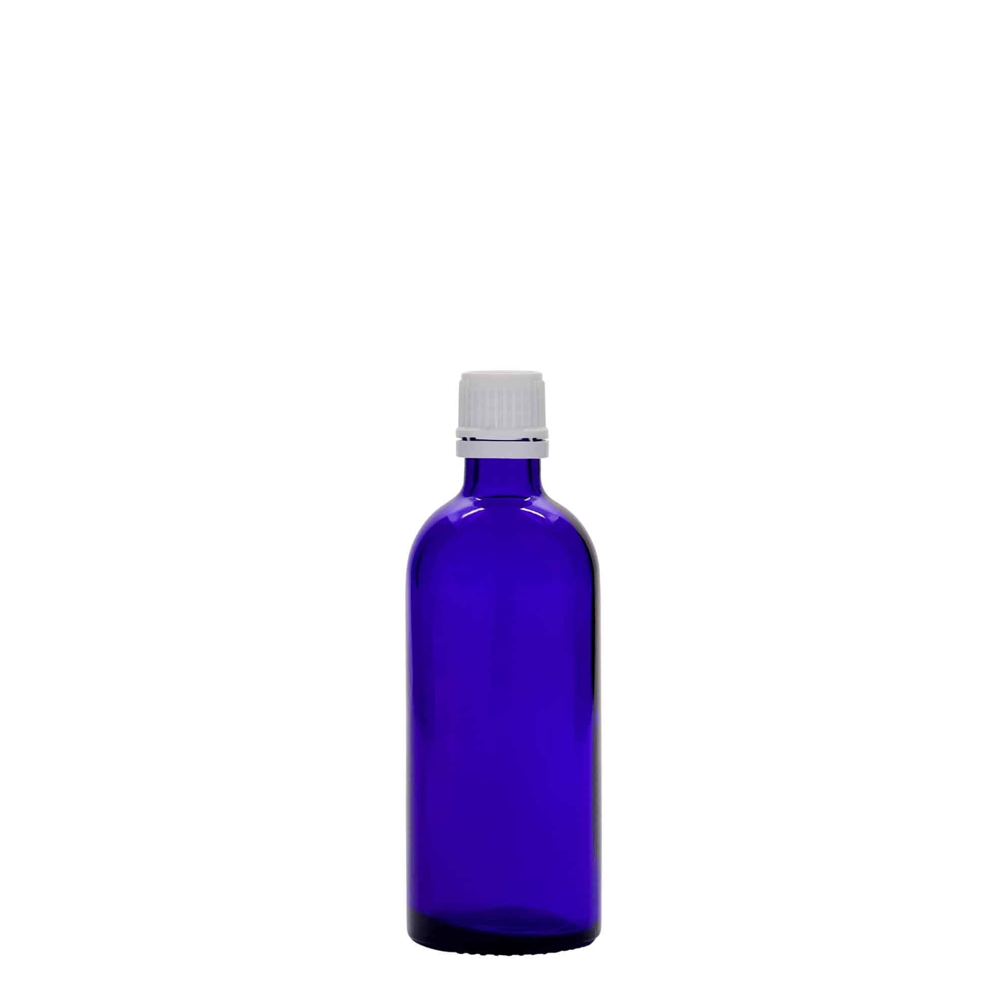 Botella médica de 100 ml, vidrio, azul real, boca: DIN 18
