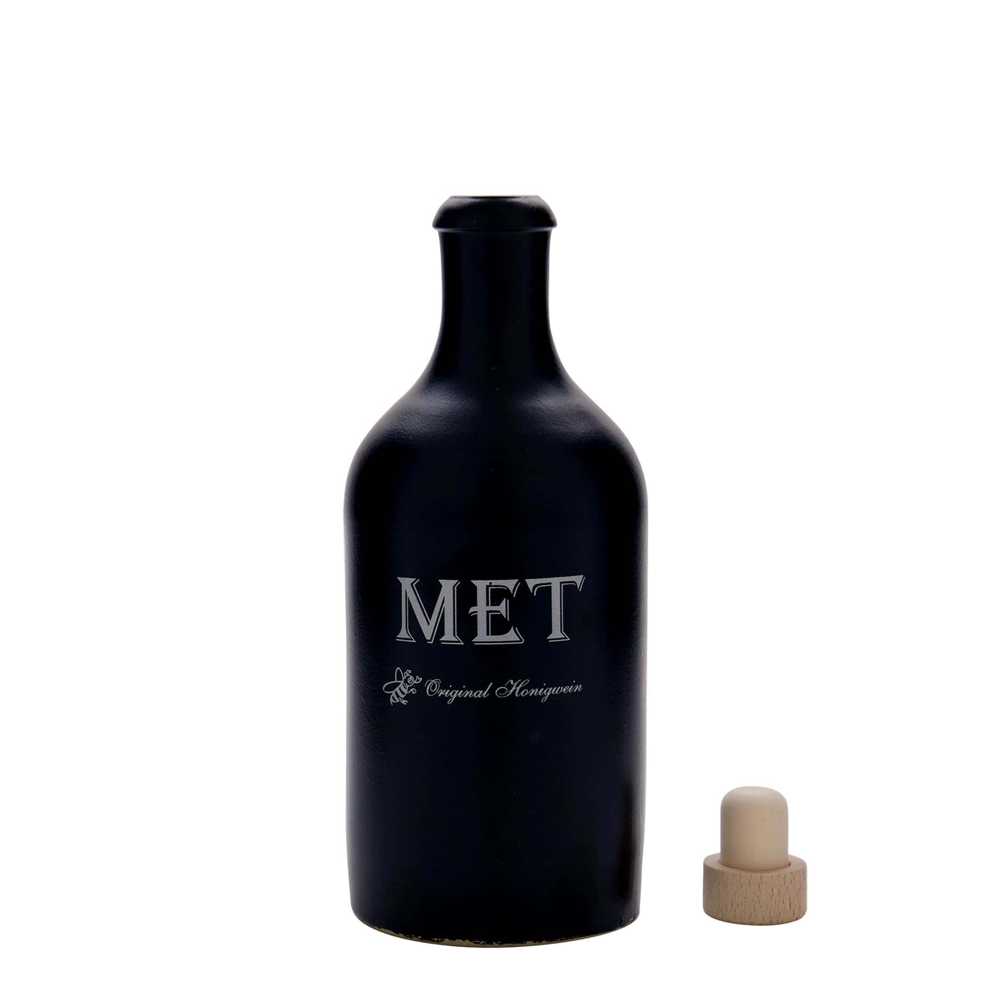 Jarra de barro de 500 ml, motivo: hidromiel, gres, negro, boca: corcho