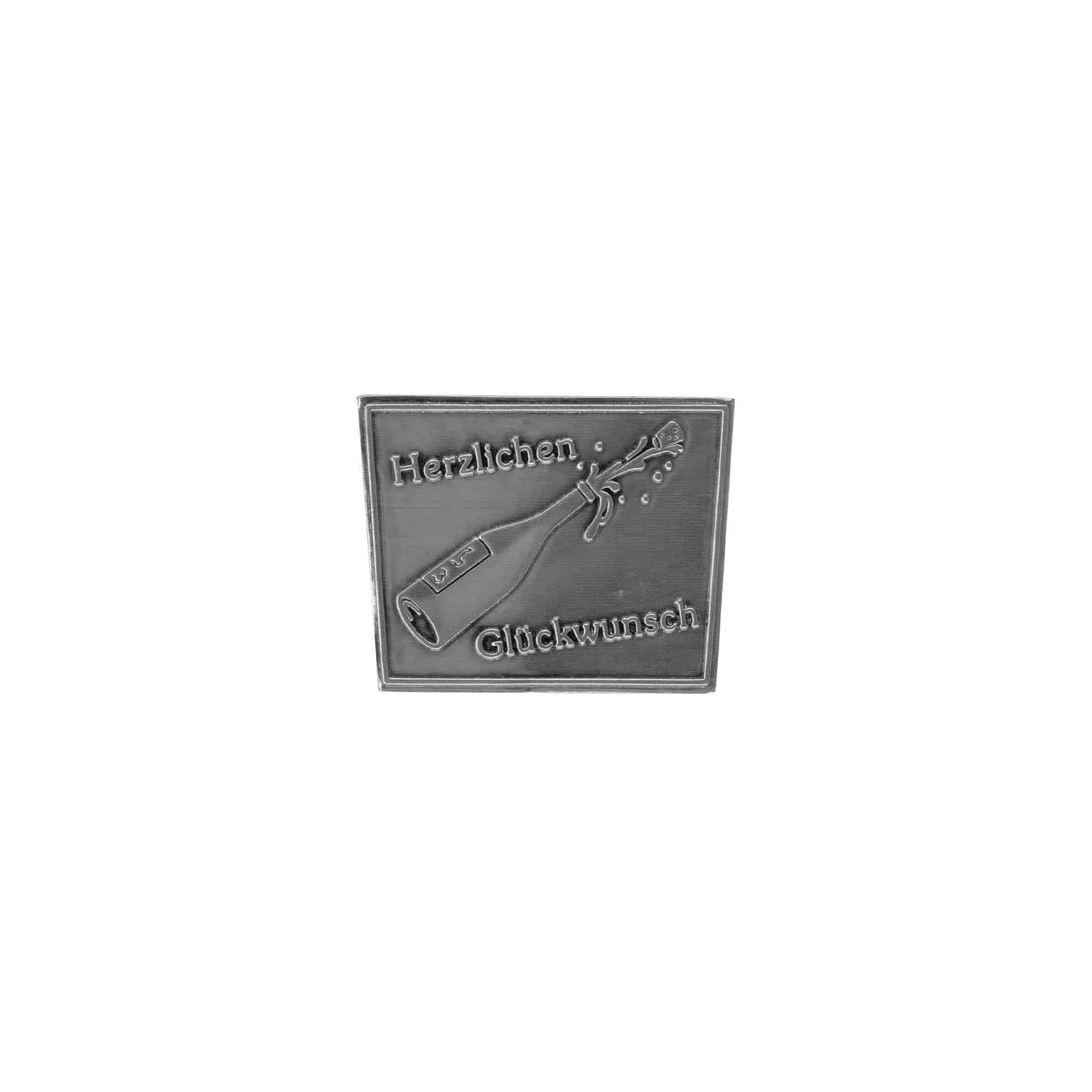 Etiqueta de estaño 'Muchas Felicidades', trapezoidal, metal, plateado Etiqueta de estaño 'Muchas Felicidades', trapezoidal, metal, plateado
