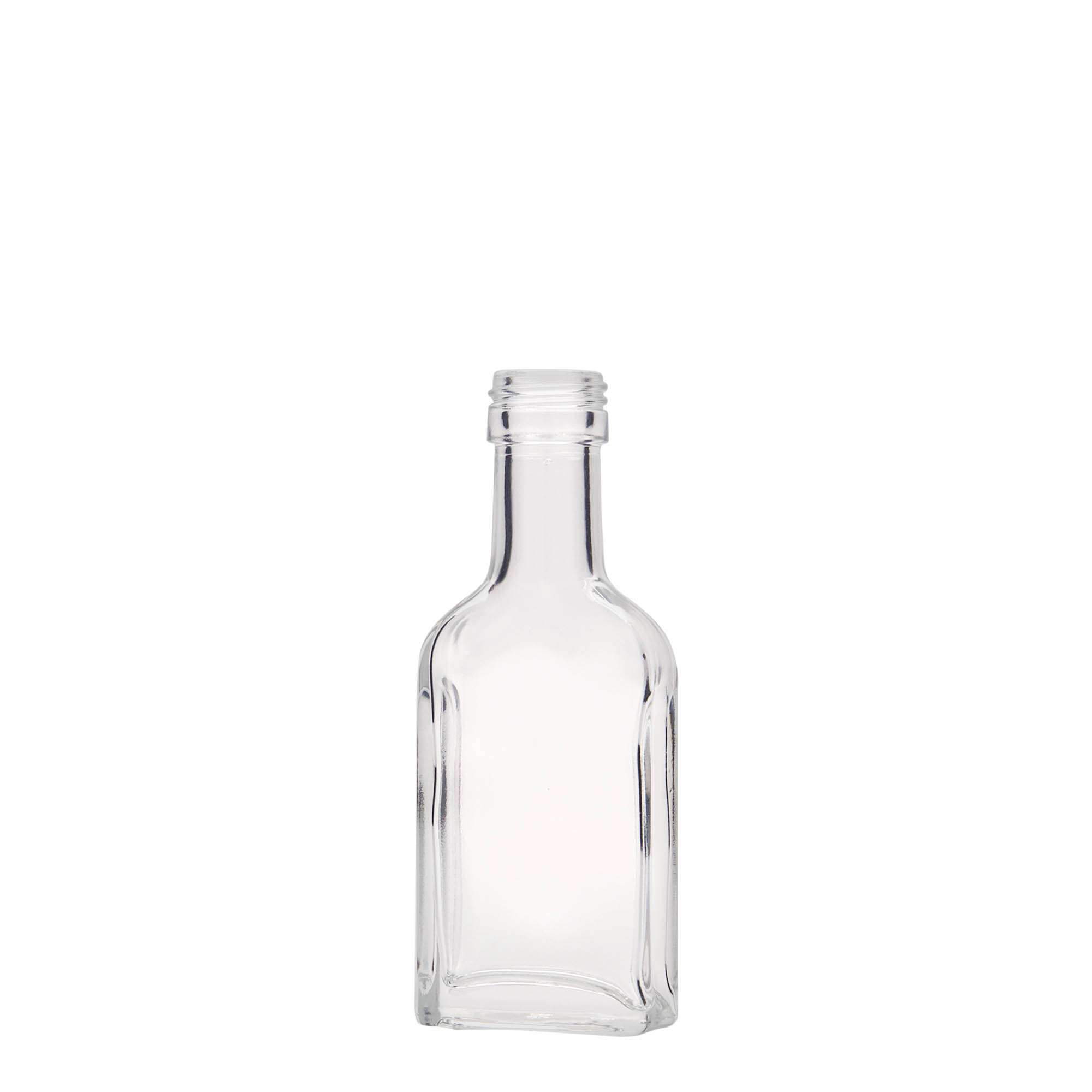 Botella de bolsillo de 40 ml, cuello largo, rectangular, vidrio, boca: PP 22 Botella de bolsillo de 40 ml, cuello largo, rectangular, vidrio, boca: PP 22