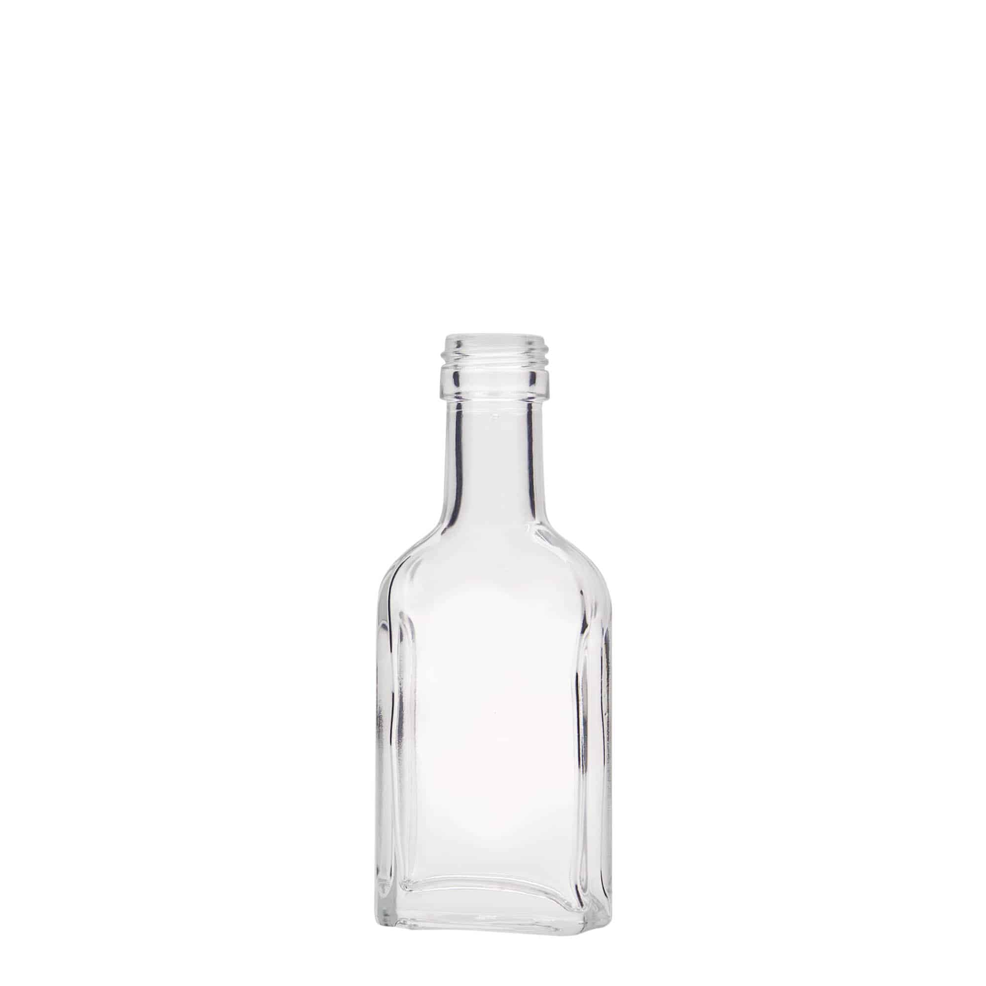 Botella de bolsillo de 40 ml, cuello largo, rectangular, vidrio, boca: PP 22