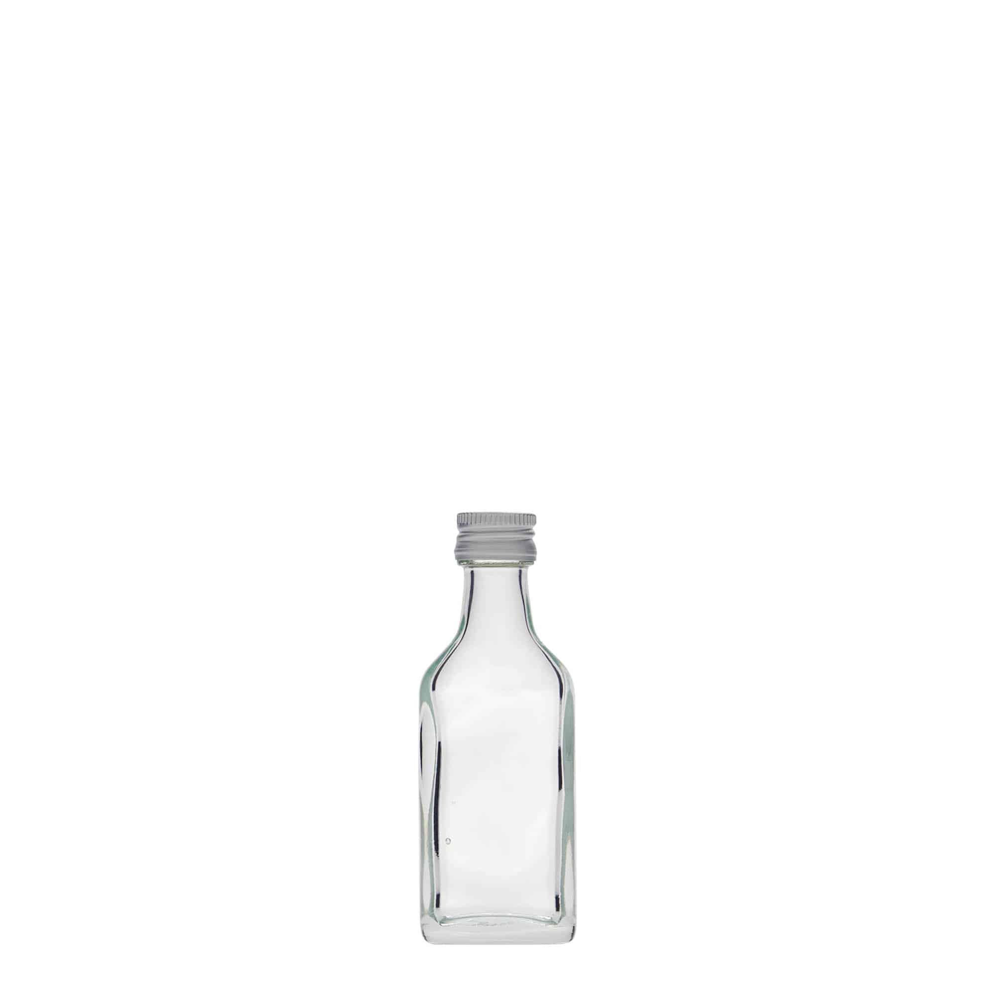 Botella de bolsillo de 20 ml, rectangular, vidrio, boca: PP 18