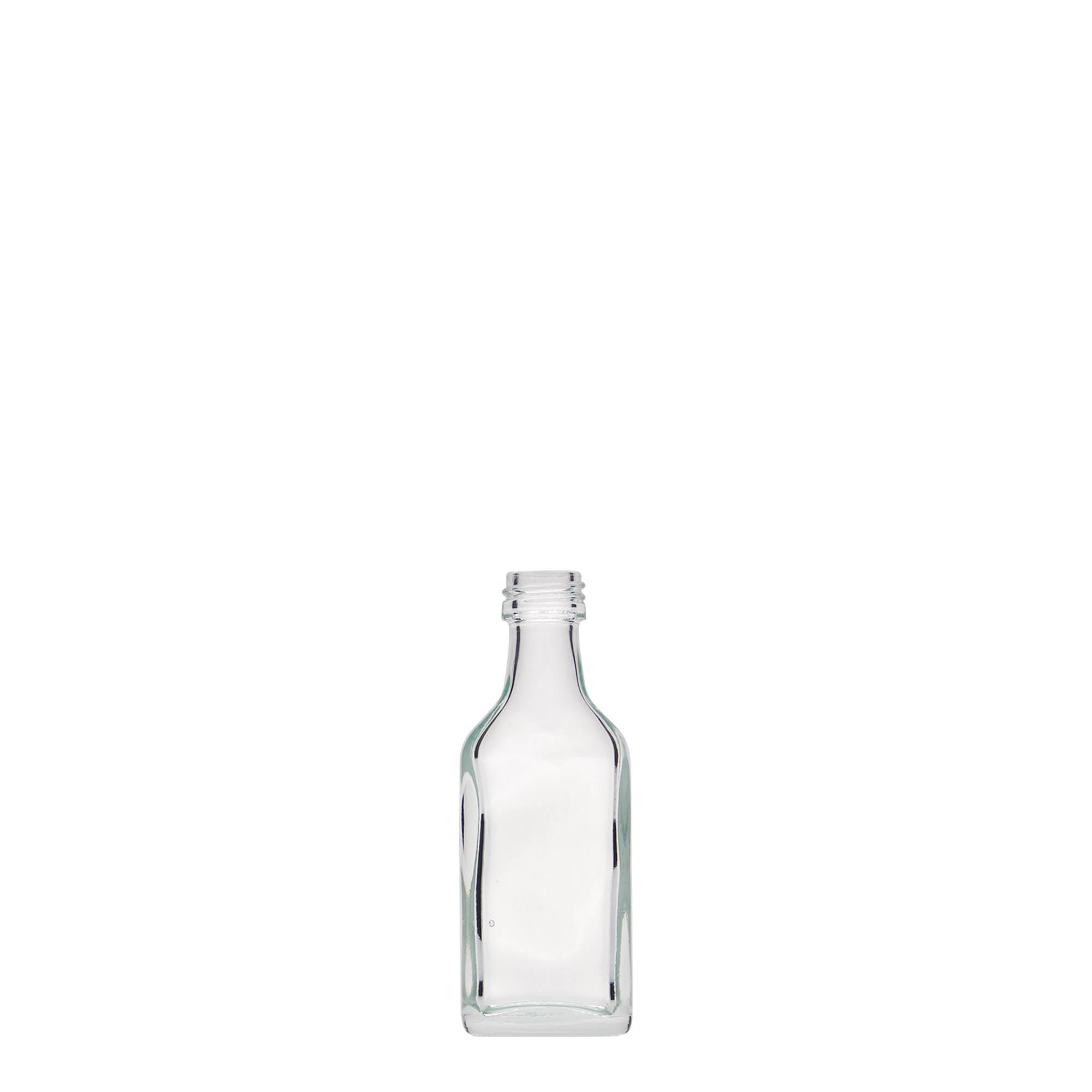 Botella de bolsillo de 20 ml, rectangular, vidrio, boca: PP 18 Botella de bolsillo de 20 ml, rectangular, vidrio, boca: PP 18