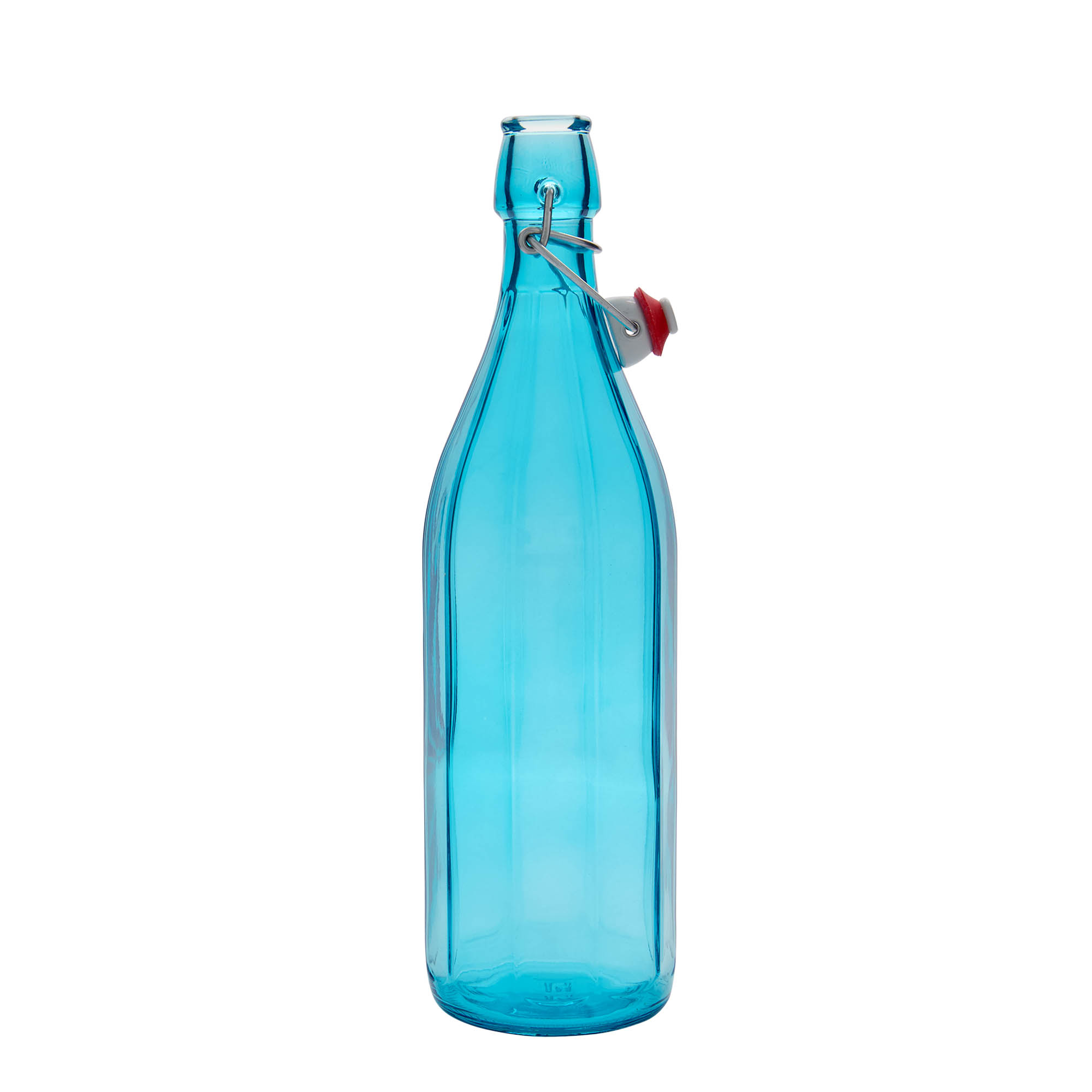 Botella de vidrio 'Oxford' de 1000 ml, decagonal, azul celeste, boca: tapón mecánico