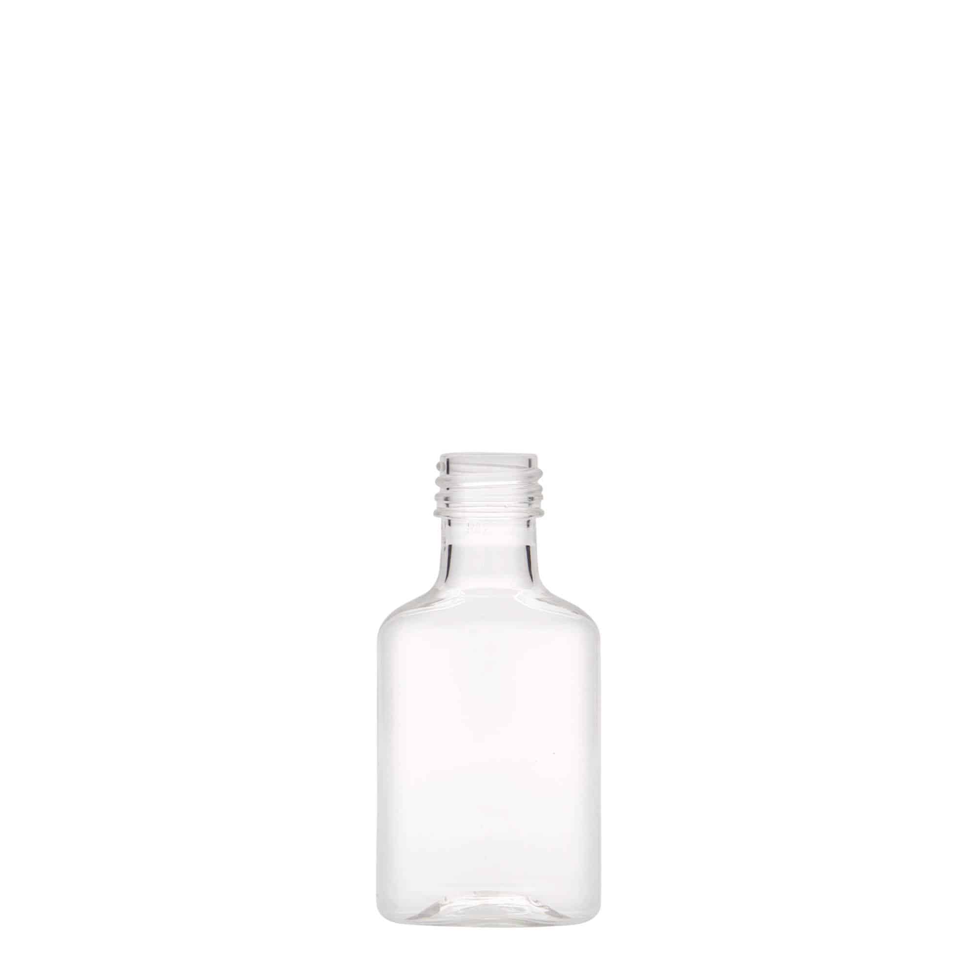 Botella de bolsillo de 30 ml, ovalada, plástico de PET, boca: PP 18