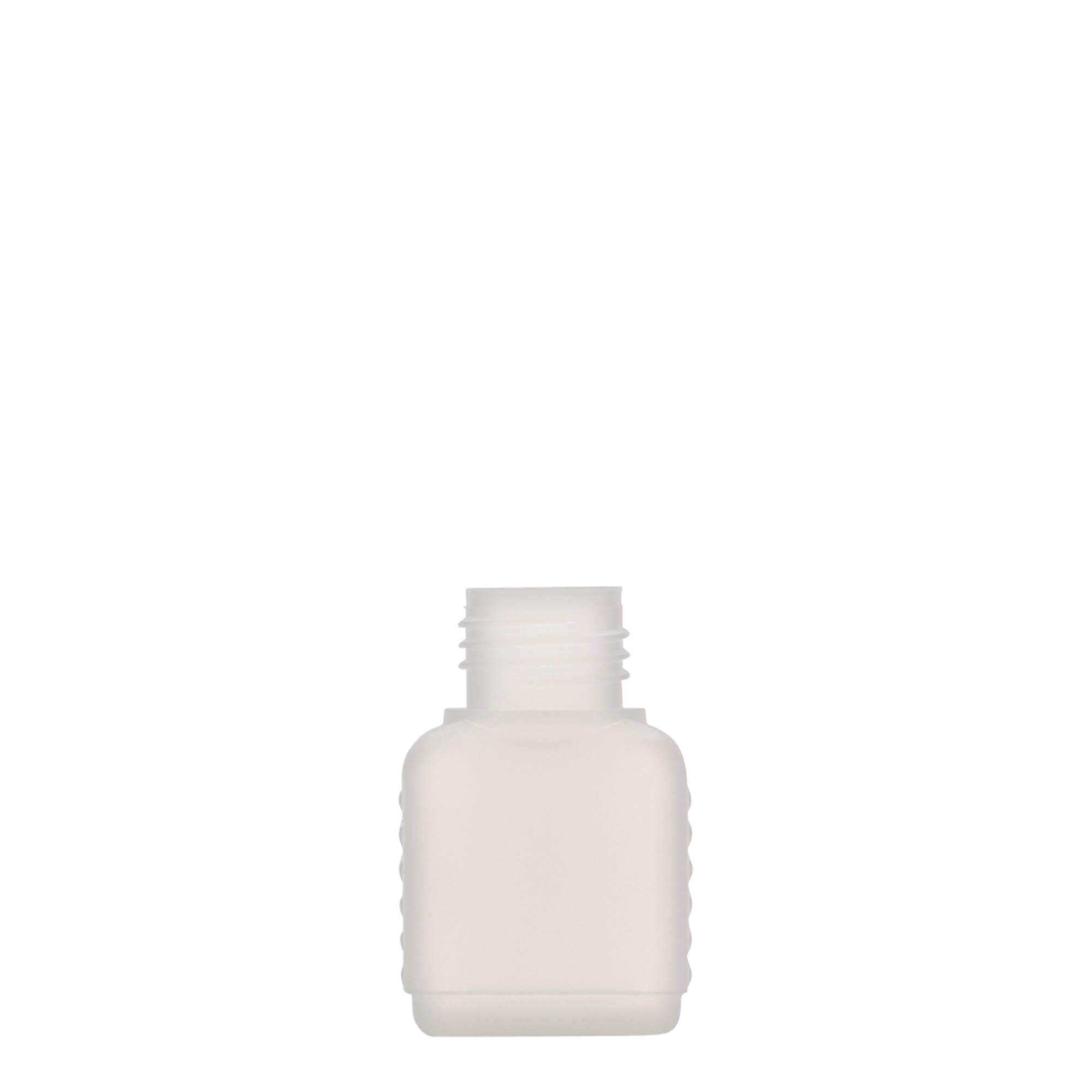 Botella de bidón de 50 ml, rectangular, plástico HDPE, natural, boca: DIN 25
