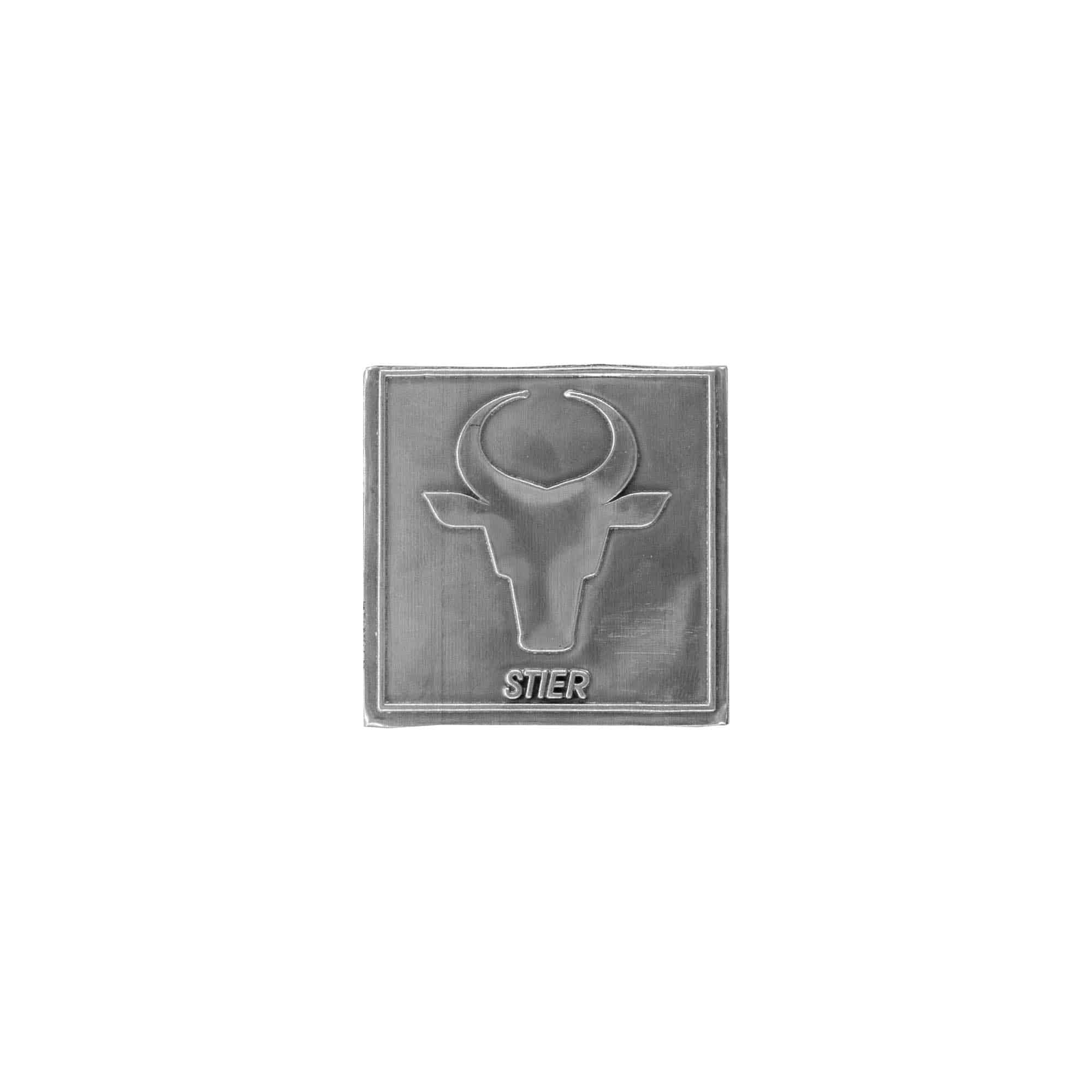 Etiqueta de estaño 'Tauro', cuadrada, metal, plateado Etiqueta de estaño 'Tauro', cuadrada, metal, plateado