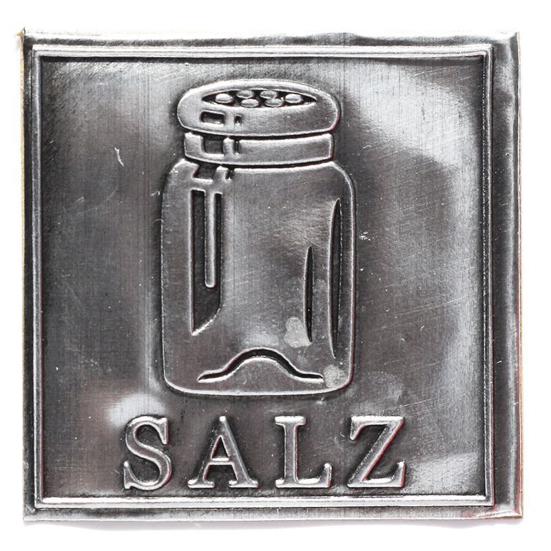 Etiqueta de estaño 'Sal', cuadrada, metal, plateado