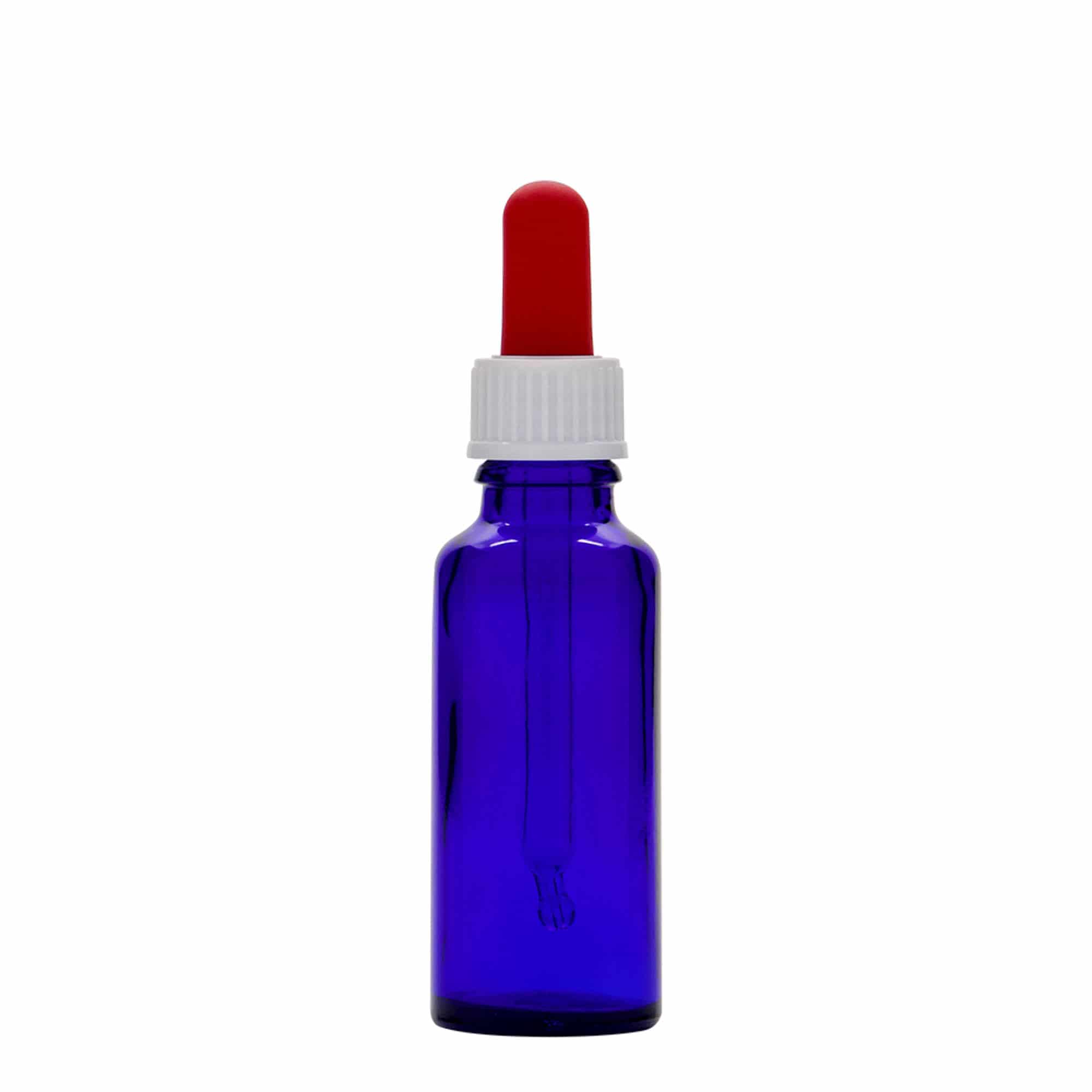 Frasco cuentagotas de medicamentos de 30 ml, vidrio, azul real-rojo, boca: DIN 18