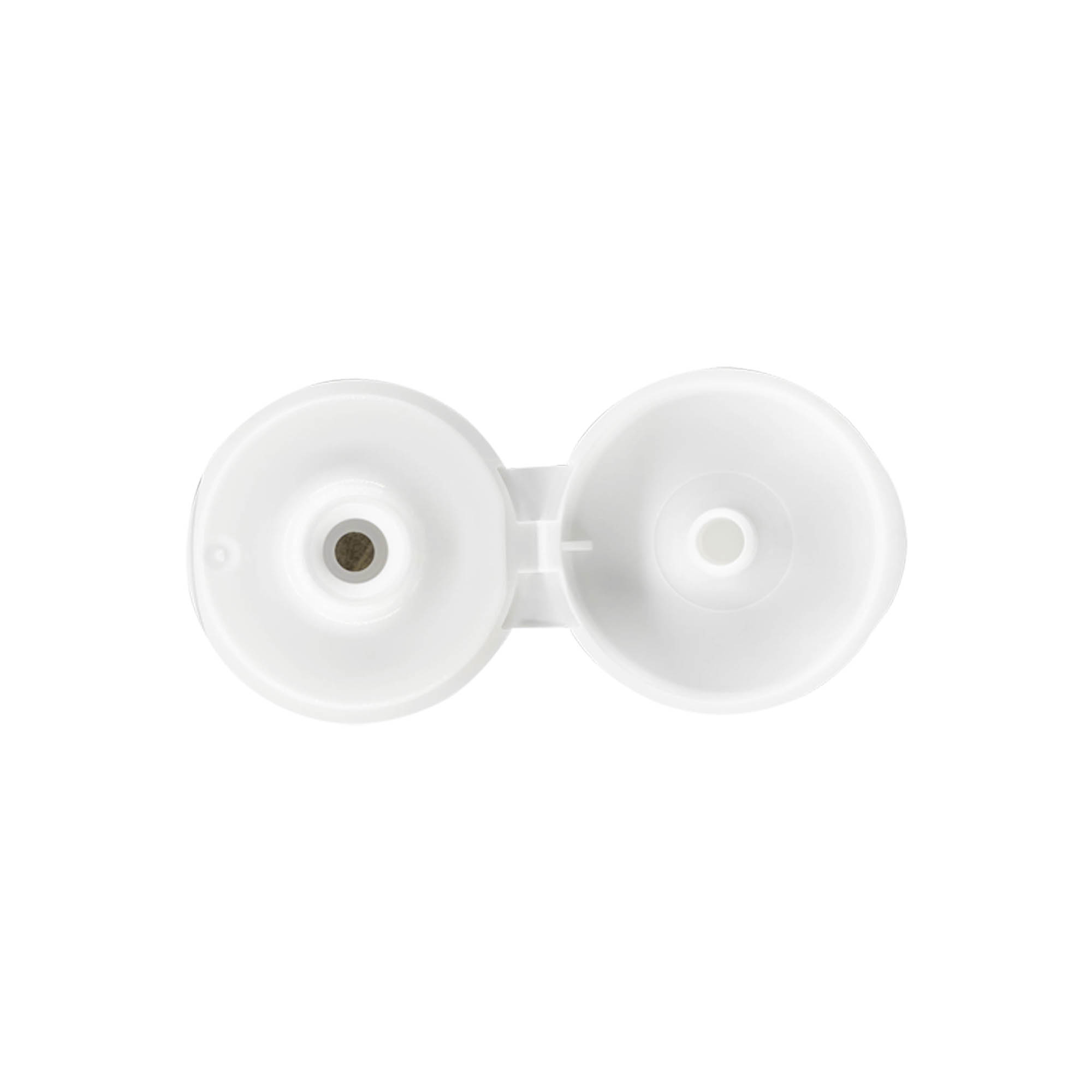 Tapa de rosca con bisagra abatible, plástico PP, blanco, para boca: 24/410 Tapa de rosca con bisagra abatible, plástico PP, blanco, para boca: 24/410