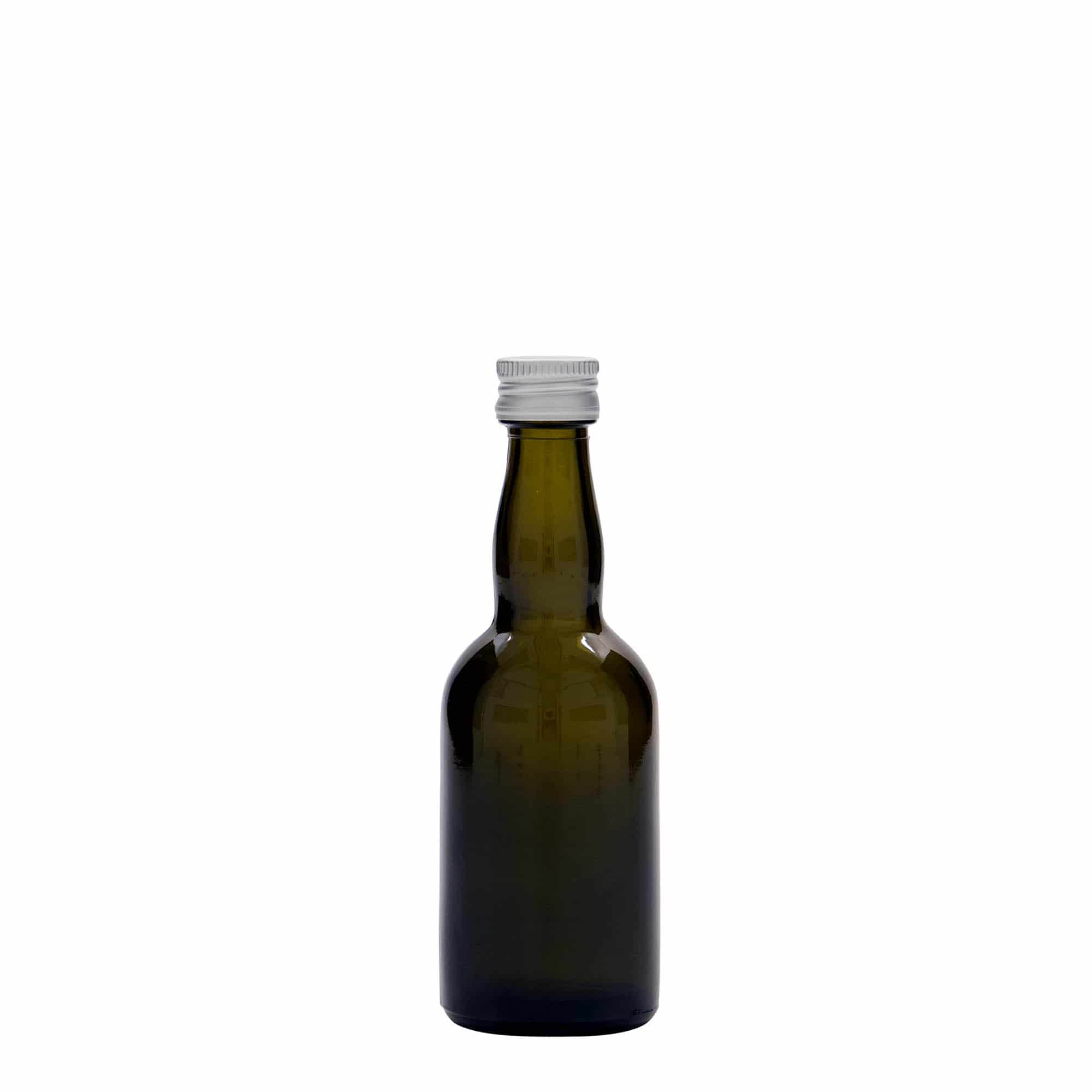 Botella de vidrio de 50 ml 'Proba', verde antiguo, boca: PP 18