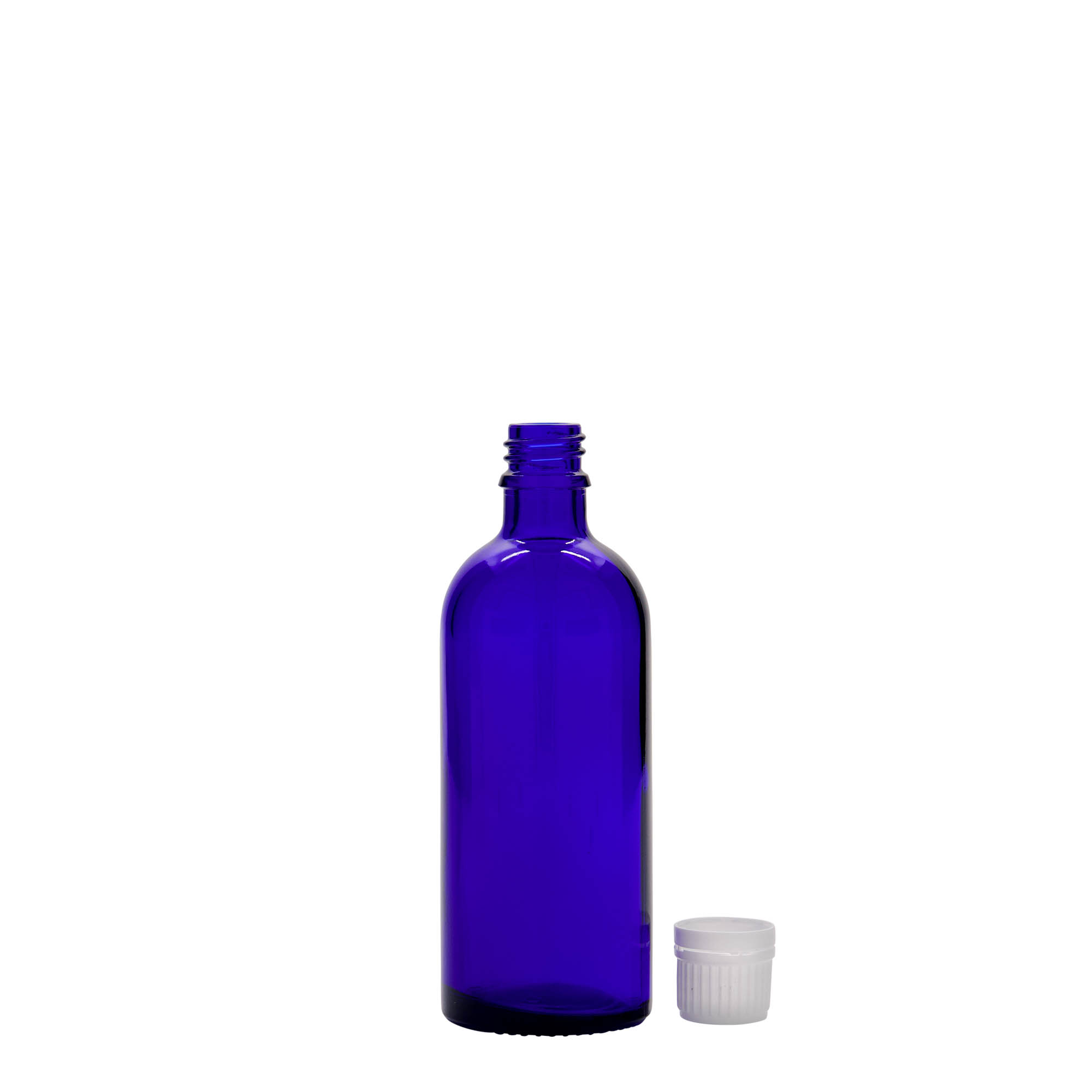 Botella médica de 100 ml, vidrio, azul real, boca: DIN 18 Botella médica de 100 ml, vidrio, azul real, boca: DIN 18