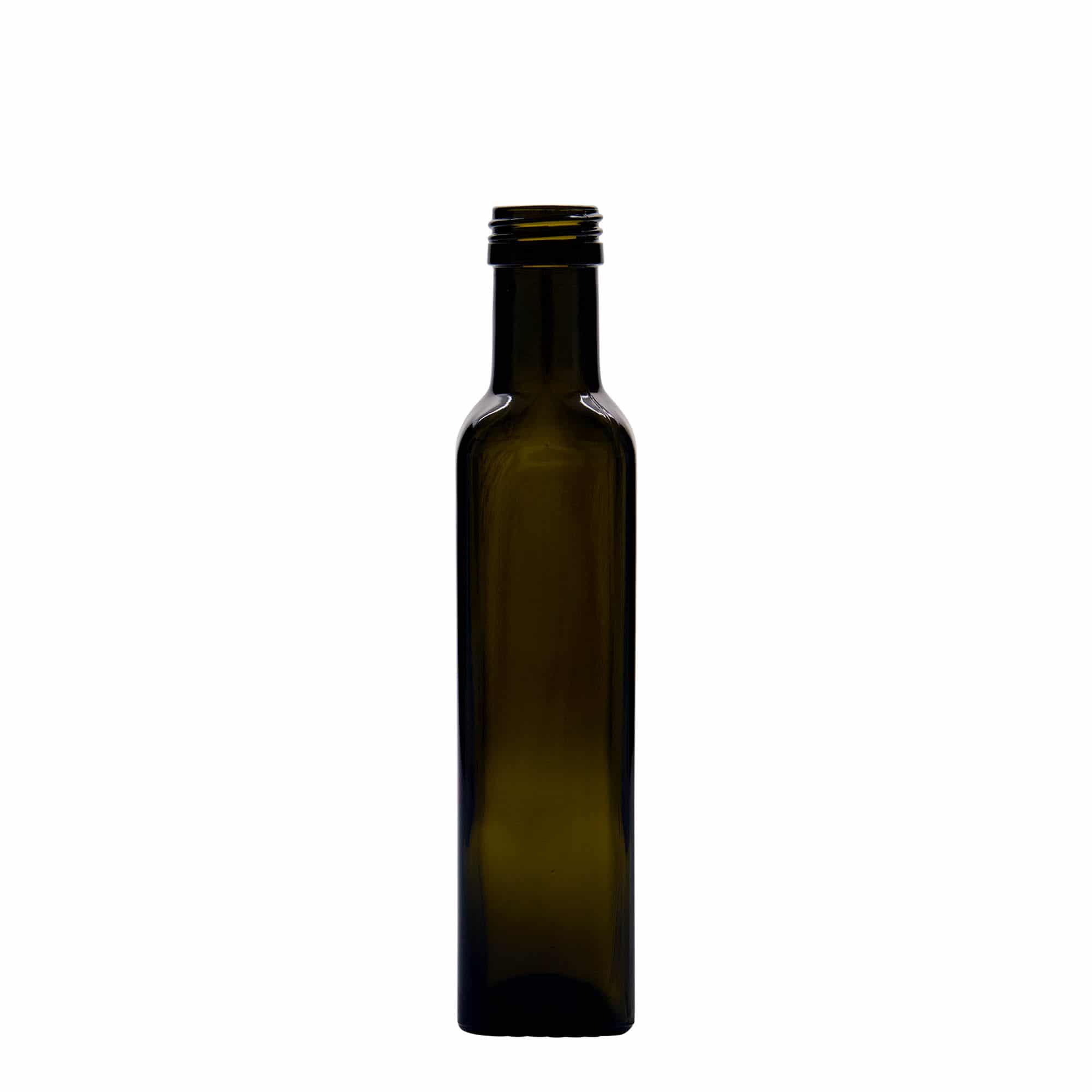 Botella de vidrio 'Marasca' de 250 ml, cuadrada, verde antiguo, boca: PP 31,5