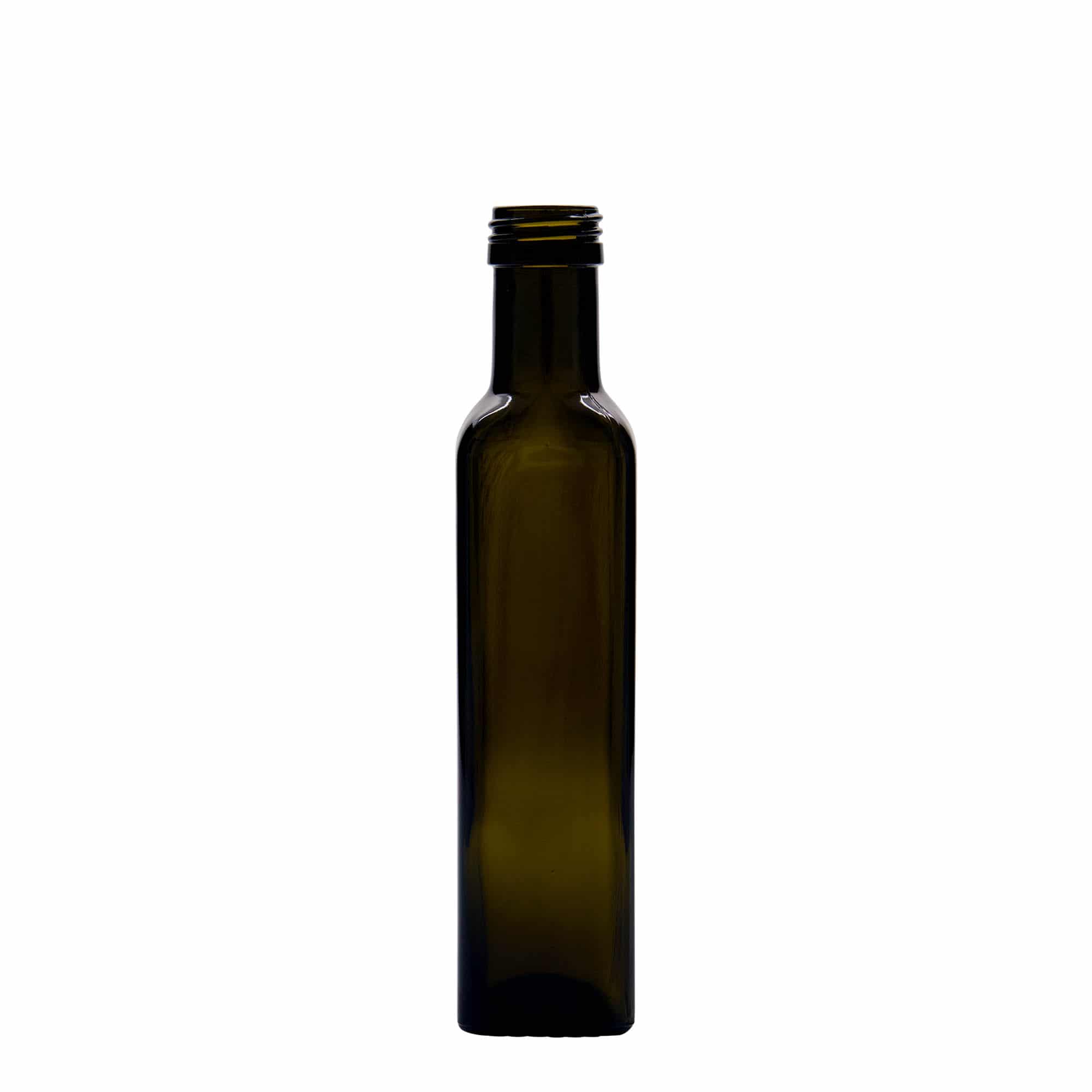 Botella de vidrio 'Marasca' de 250 ml, cuadrada, verde antiguo, boca: PP 31,5 Botella de vidrio 'Marasca' de 250 ml, cuadrada, verde antiguo, boca: PP 31,5