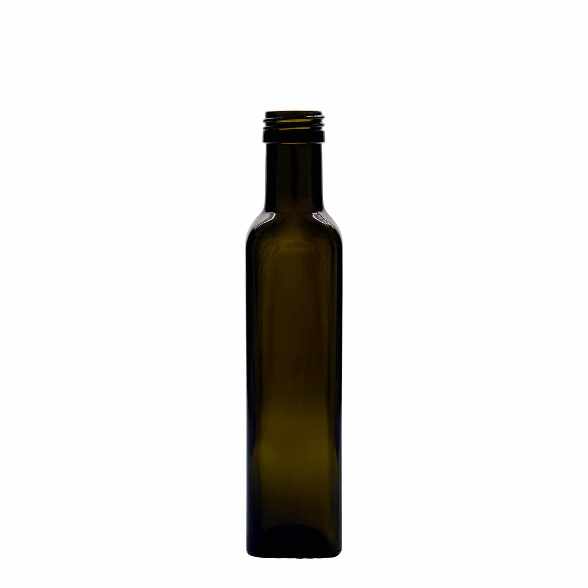 Botella de vidrio de 250 ml 'Marasca', cuadrada, verde antiguo, boca: PP 31,5 Botella de vidrio de 250 ml 'Marasca', cuadrada, verde antiguo, boca: PP 31,5